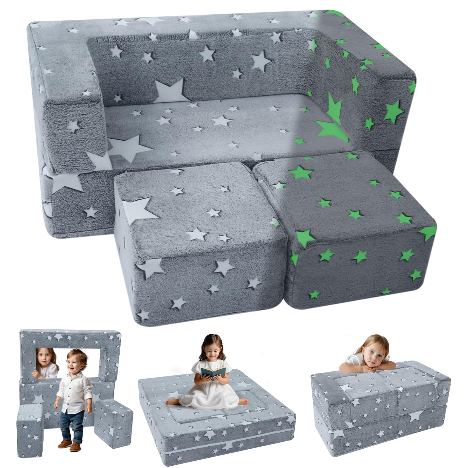 MeMoreCool Modular Kids Play Couch Sofa with Glow in The Dark Stars - Foldable Toddler Couch for Playroom, Nursery & Bedroom - Soft Grey Children's Furniture for Reading, Playtime & Relaxation