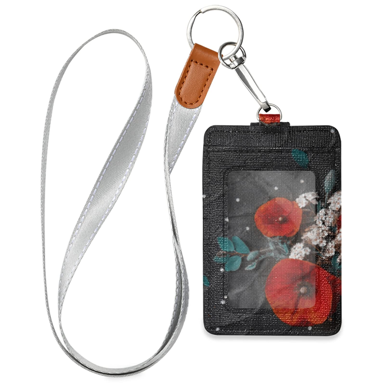 Red Poppy Vertical Leather ID Badge Holder with Lanyard - Office & School Staff Use