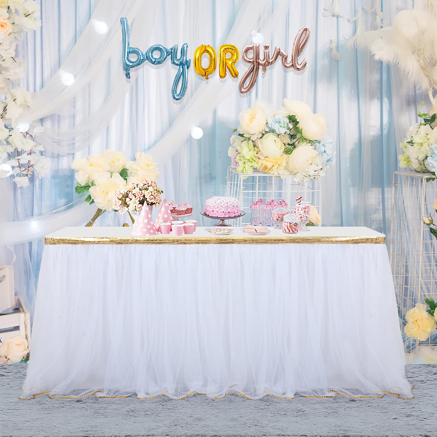 Besutolife White Tulle Table Skirt with Gold Trim - 14ft Wedding Table Runner for Baby Shower, Birthday Party Decor | Elegant Cover for Round & Rectangle Tables | Perfect for Bridal Showers, Anniversary Celebrations & Special Events