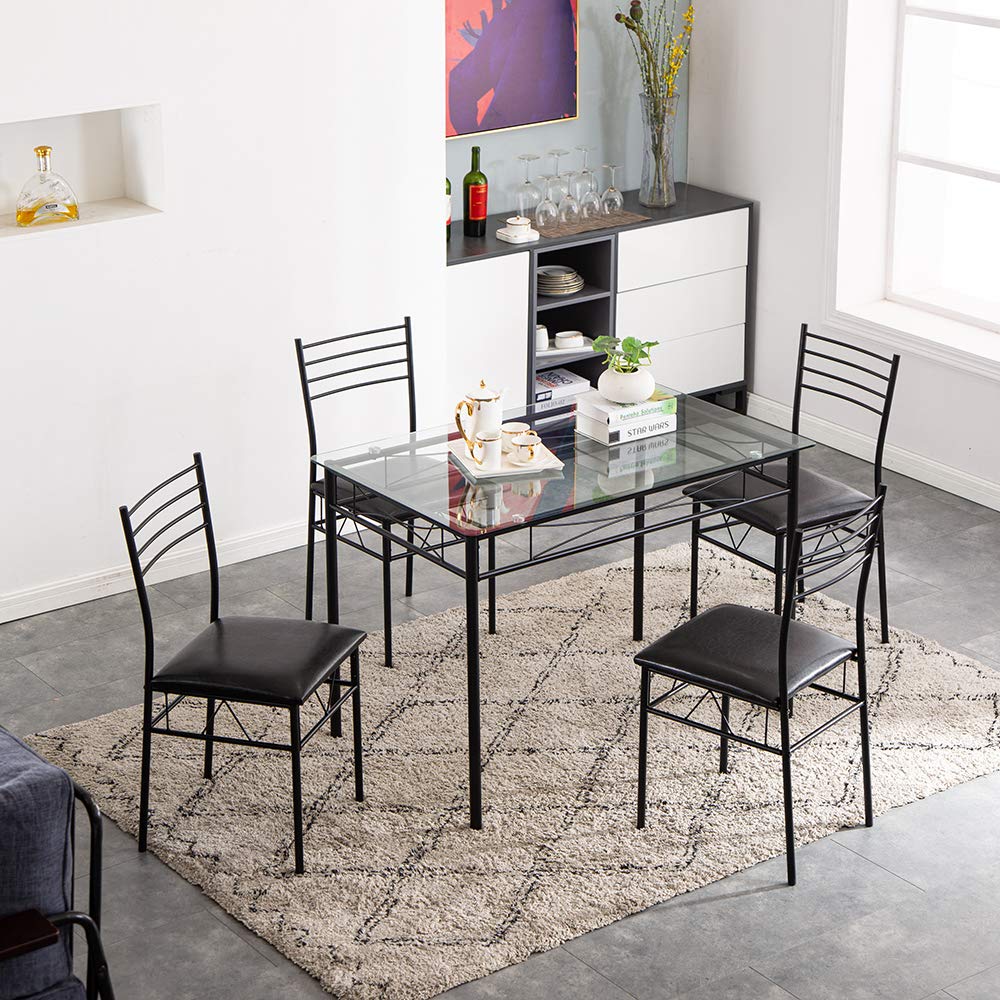 Modern Black Wrought Iron Dining Table Set with Glass Top & 4 PU Cushioned Chairs - 43.31