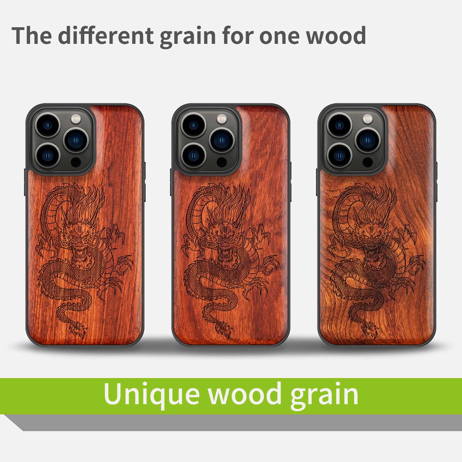 Premium Magnetic Wooden Case for iPhone 13 Pro - Hard Real Wood & Soft TPU Hybrid Shockproof Cover with MagSafe Compatibility - Chinese Dragon Carved Red Wood Protective Phone Case - Perfect for Business, Travel and Everyday Use