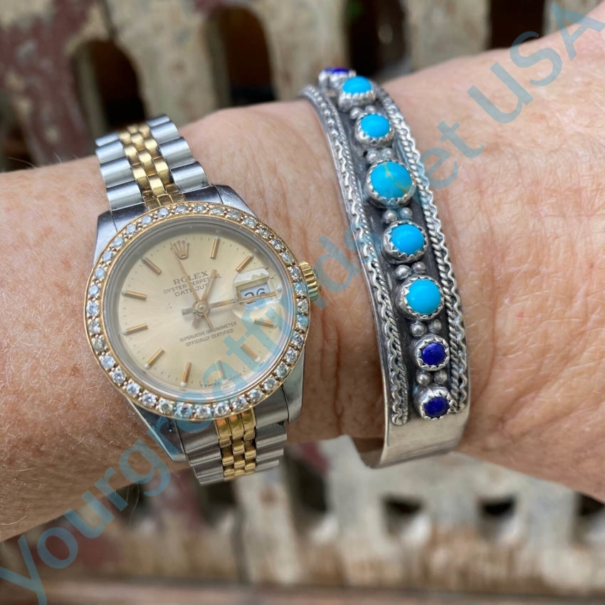 Turquoise and Lapis Lazuli Beaded Bracelet - Sterling Silver Navajo Running Bear Design - Handmade Boho Jewelry for Women - Perfect for Festivals, Boho Outfits, and Gift Giving