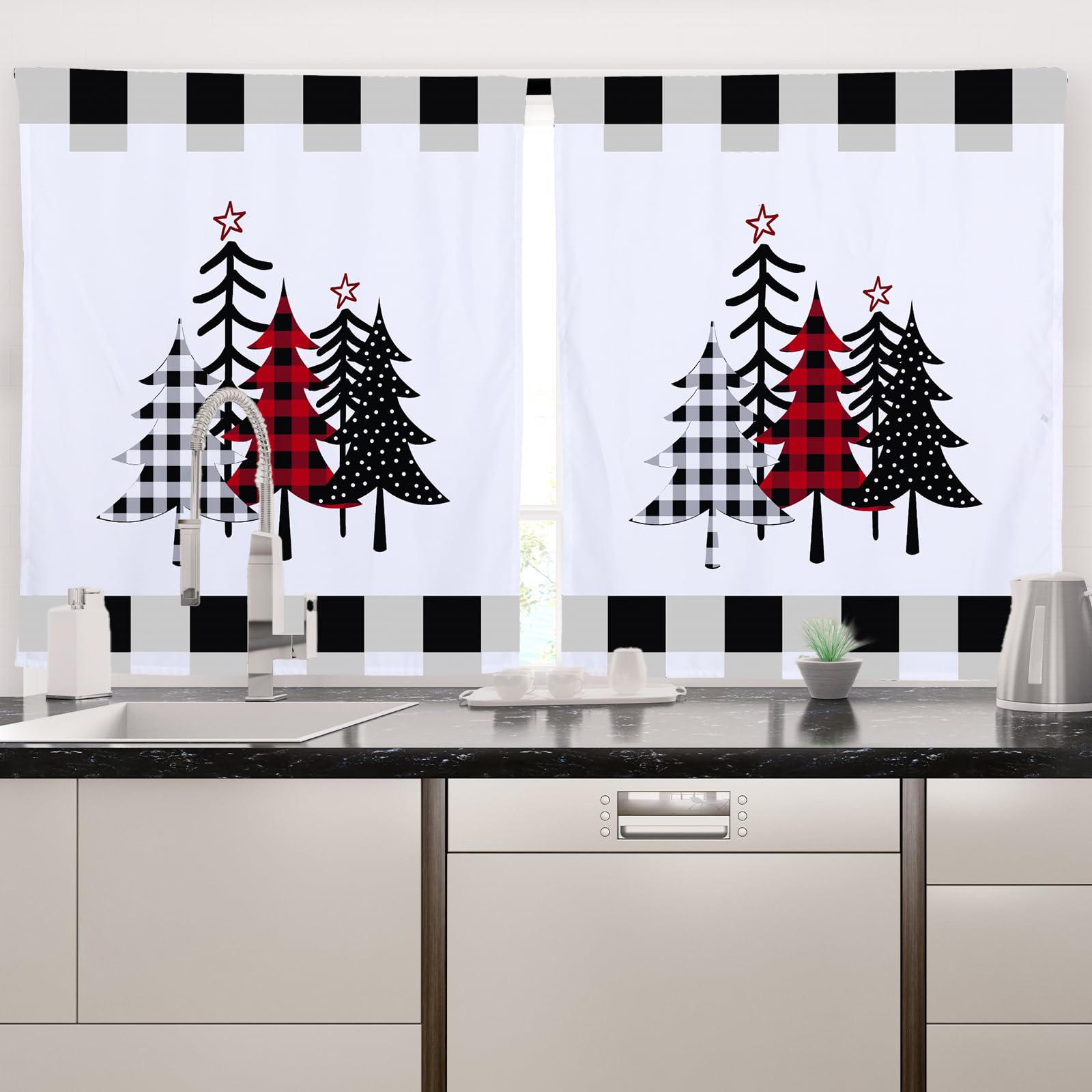 Ganeen 3-Piece Christmas Kitchen Curtain Set - Buffalo Plaid Black & White Tier Curtains with Valance | Farmhouse Holiday Decor | Perfect for Kitchen Windows, Dining Room & Christmas Home Decoration