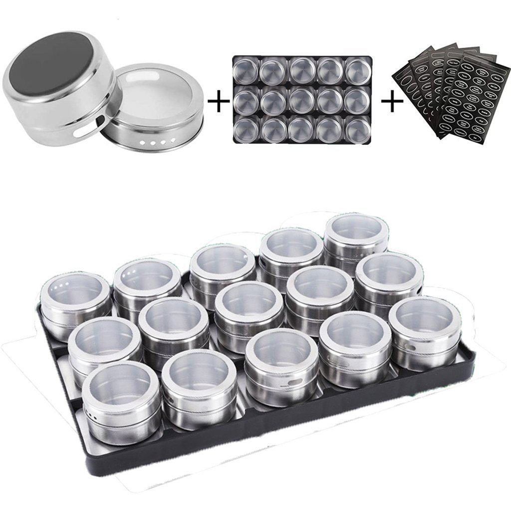 15-Piece Magnetic Spice Jars Set - Stainless Steel Wall Mounted Spice Tins with Strong Base | Perfect for Kitchen Organization, Pantry Storage & Easy Spice Access While Cooking