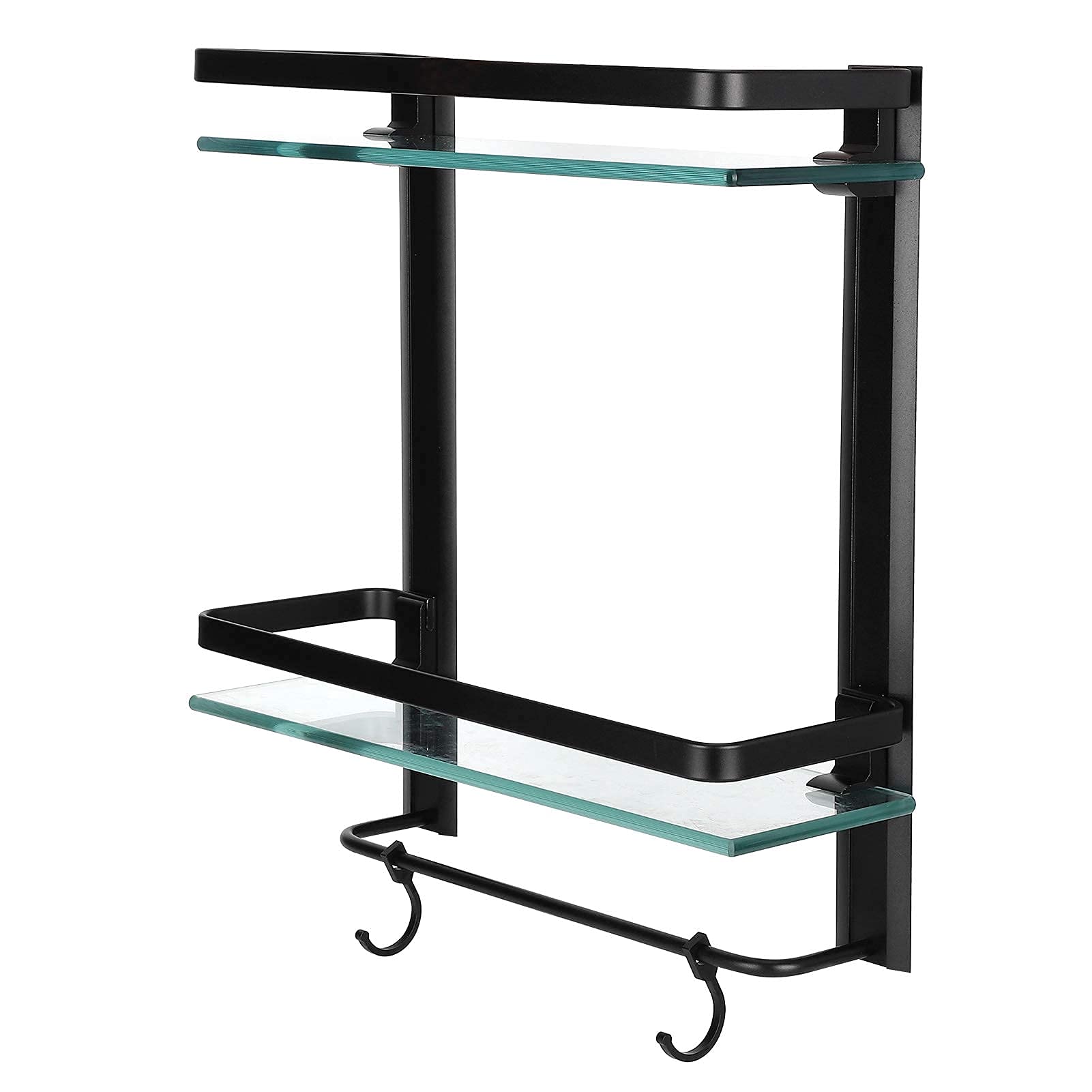 LKJH 2-Layer Wall Mounted Bath Shelf - Tempered Glass Shower Organizer with Towel Bar & Hooks - Durable Bathroom Storage for Shampoo, Soap & Accessories - Perfect for Small Bathrooms & Spa Showers