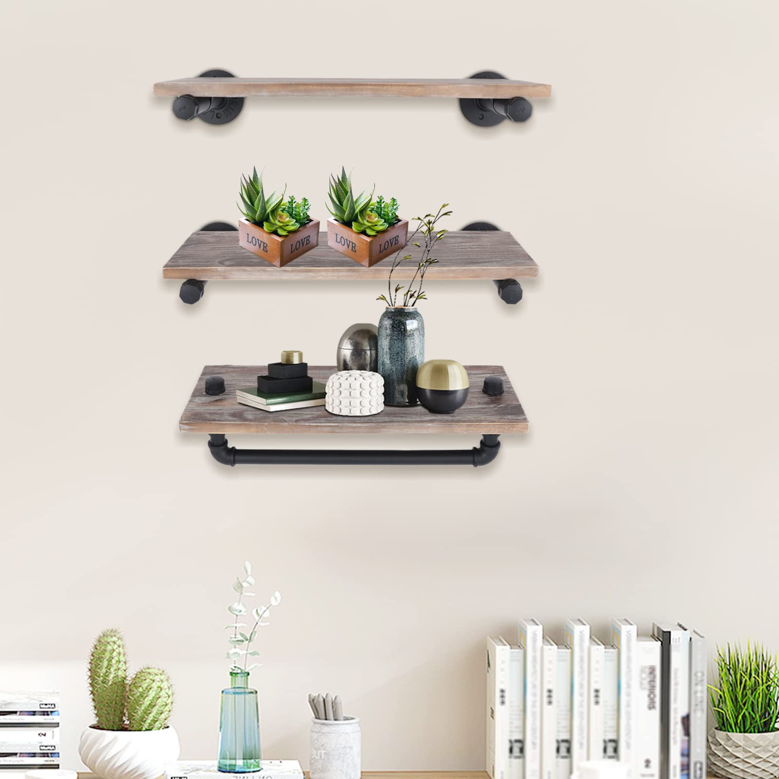 TFCFL 3-Tier Floating Shelves - Industrial Pipe Wall Mounted Storage Shelf, Rustic Wood Bookcase for Living Room, Study & Bathroom | Space-Saving Home Organization & Decorative Display