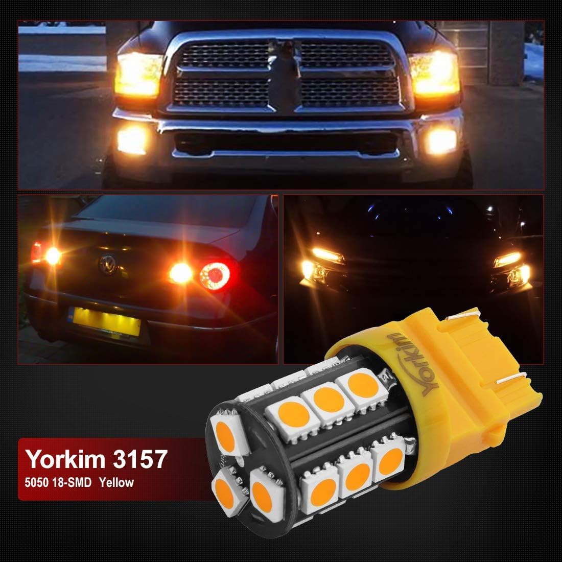 Yorkim 3157 LED Light Bulbs Amber Bright - 3056 3156 3156A 3057 4057 3157 4157 T25 LED Bulbs for Brake Lights, Backup Reverse Lights, Tail Lights - Pack of 2 - Perfect for Car, Truck, SUV, and Motorcycle Lighting Upgrades