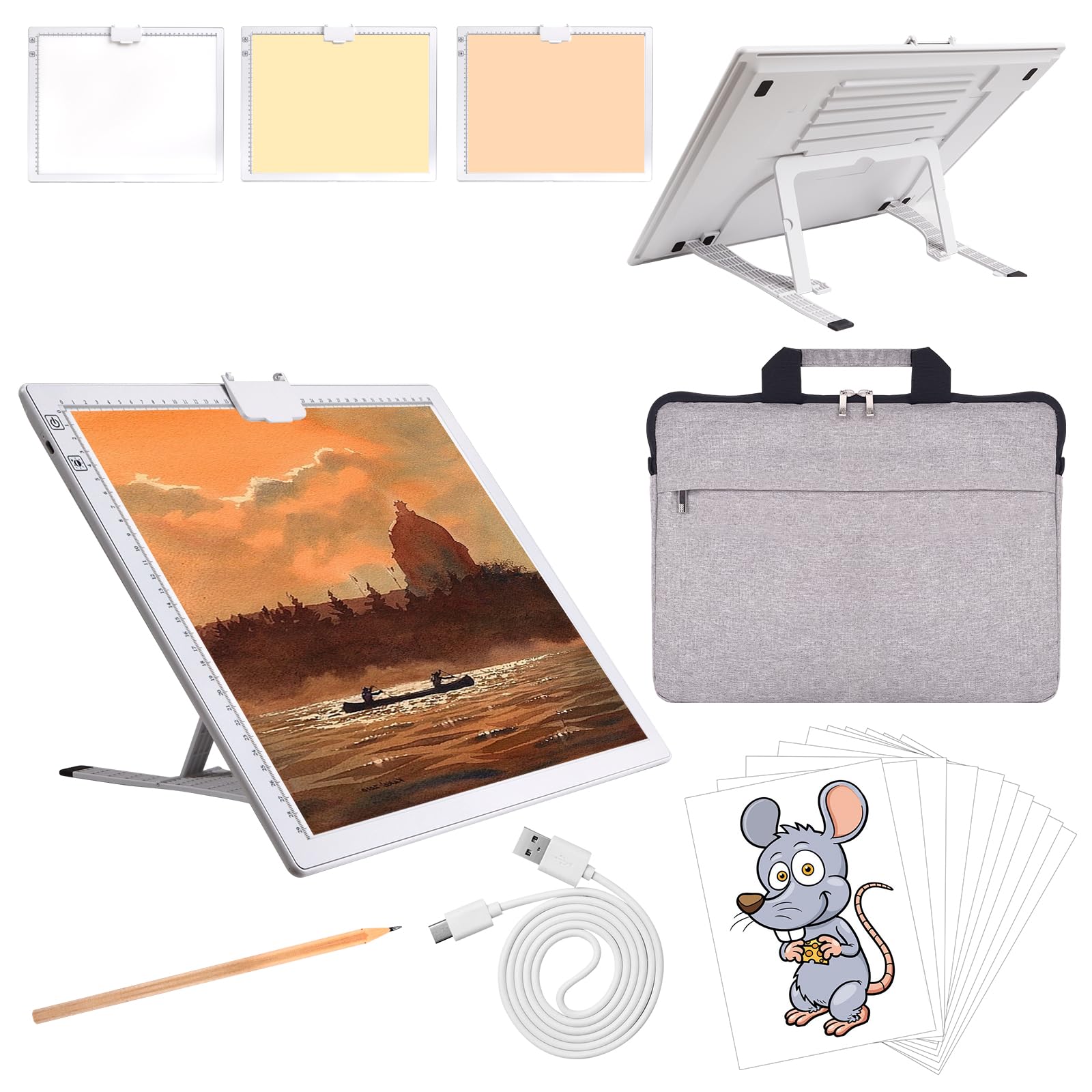 Elite Rechargeable A3 LED Light Pad with Carry Bag, Top Clip & Foldable Stand - 3 Colors, 6 Brightness Levels, Stepless Dimming - Wireless Tracing Light Box for Diamond Painting, Cricut Weeding, Vinyl Cutting & Crafting (White) - Perfect for Artists, DIY Enthusiasts & Hobbyists