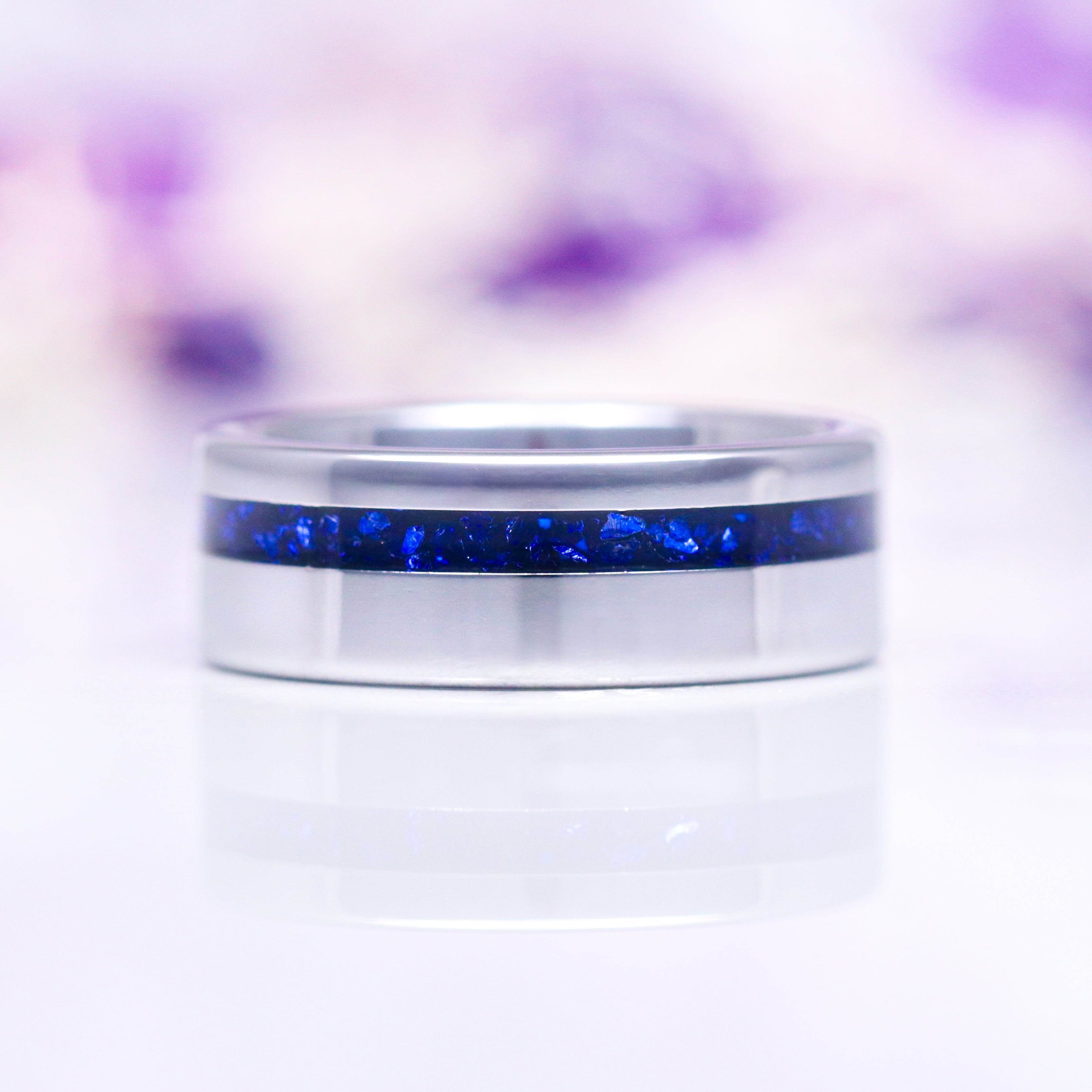 8MM Tungsten Wedding Band with Crushed Blue Sapphire Inlay - Durable & Elegant Ring for Men, Perfect for Engagement, Anniversary, and Everyday Wear