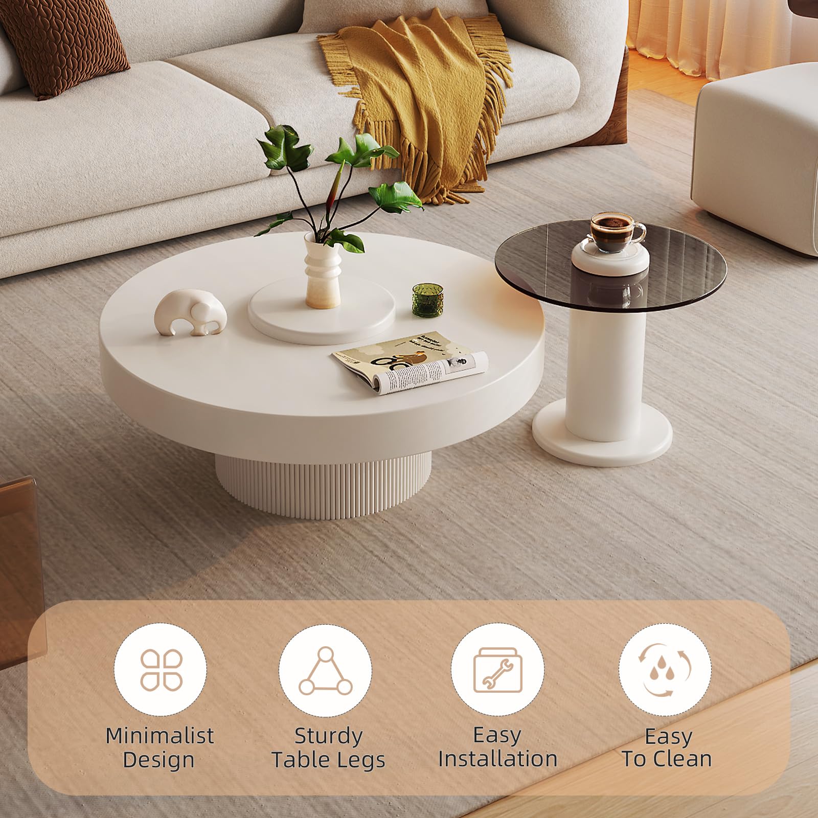 Modern 2-in-1 Round Nested Coffee Table Set - Creamy White Coffee Table with Tempered Glass Side Table - Space-Saving End Tables for Living Room, Bedroom & Small Spaces - Perfect for Coffee Time, Reading Nook & Home Decor