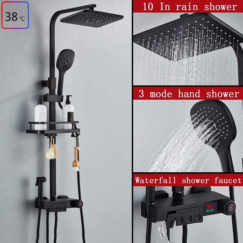 Black Thermostatic Shower Mixer Set with LED Screen Display & 10X30 cm Rain Shower Head - Chrome Bathroom Shower System with Sprayer & Shelf - Perfect for Modern Home Spa Experience