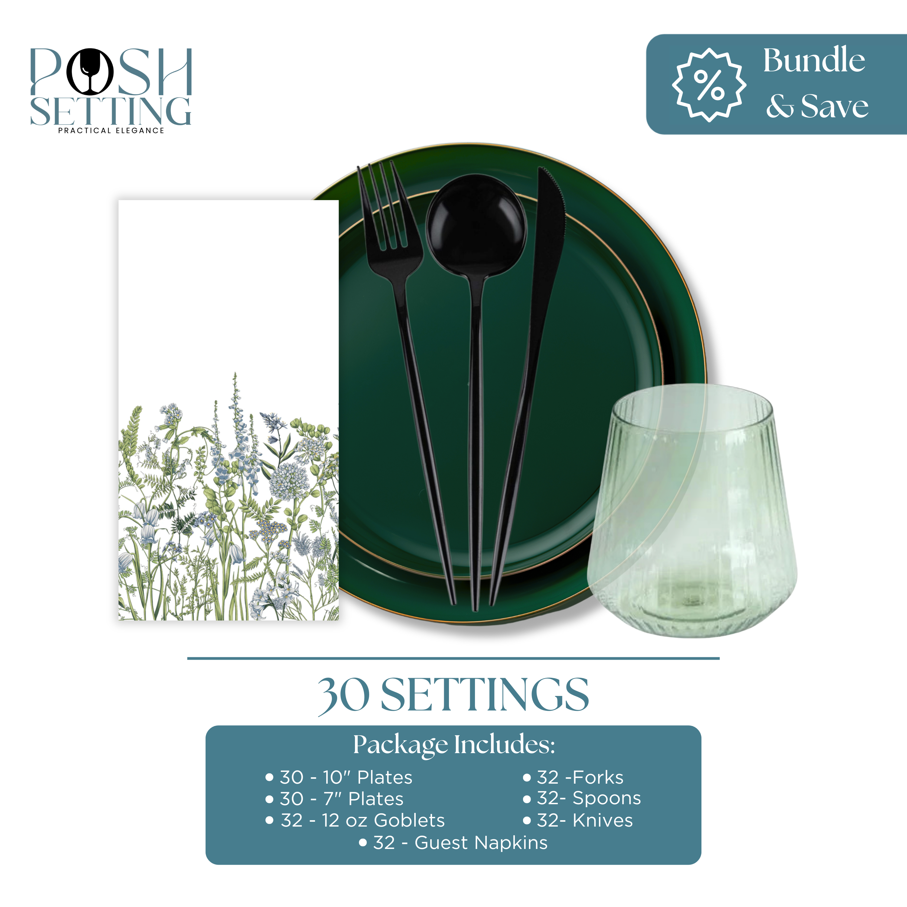 Premium Green & Black Disposable Plastic Party Set - Elegant Tableware Bundle for Birthdays, Weddings & Special Events - Plates, Cups, Forks & Napkins Combo