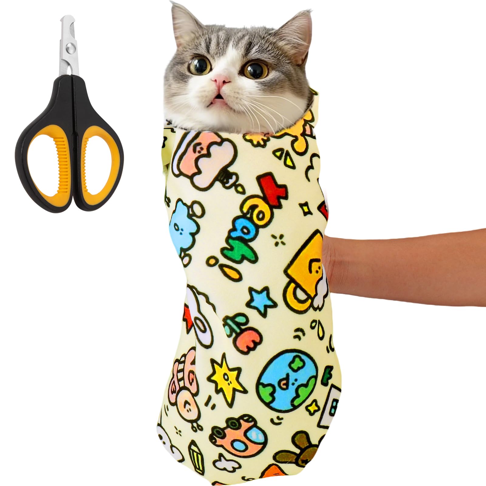 BABORUI Self-Adhesive Cat Grooming Wrap for Nail Trimming - Anti-Scratch Cat Swaddle with Nail Clipper, Soft Pet Restraint Wrap for Stress-Free Grooming - Perfect for Anxious Cats During Vet Visits & Home Nail Care