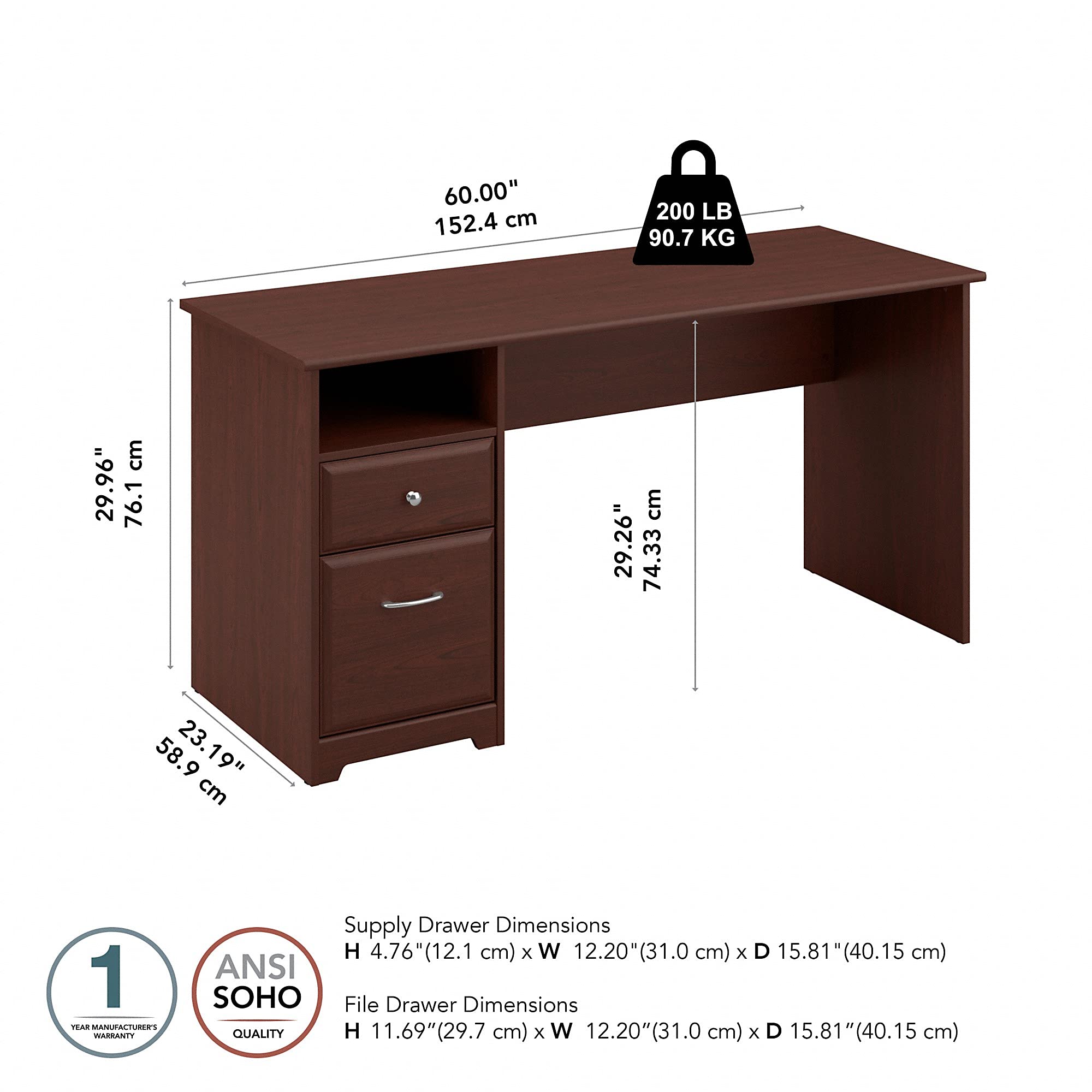 Bush Furniture Cabot 60W Computer Desk with Drawers in Harvest Cherry - Home Office Desk for Work, Study & Gaming - Spacious Writing Table with Storage for Small Spaces