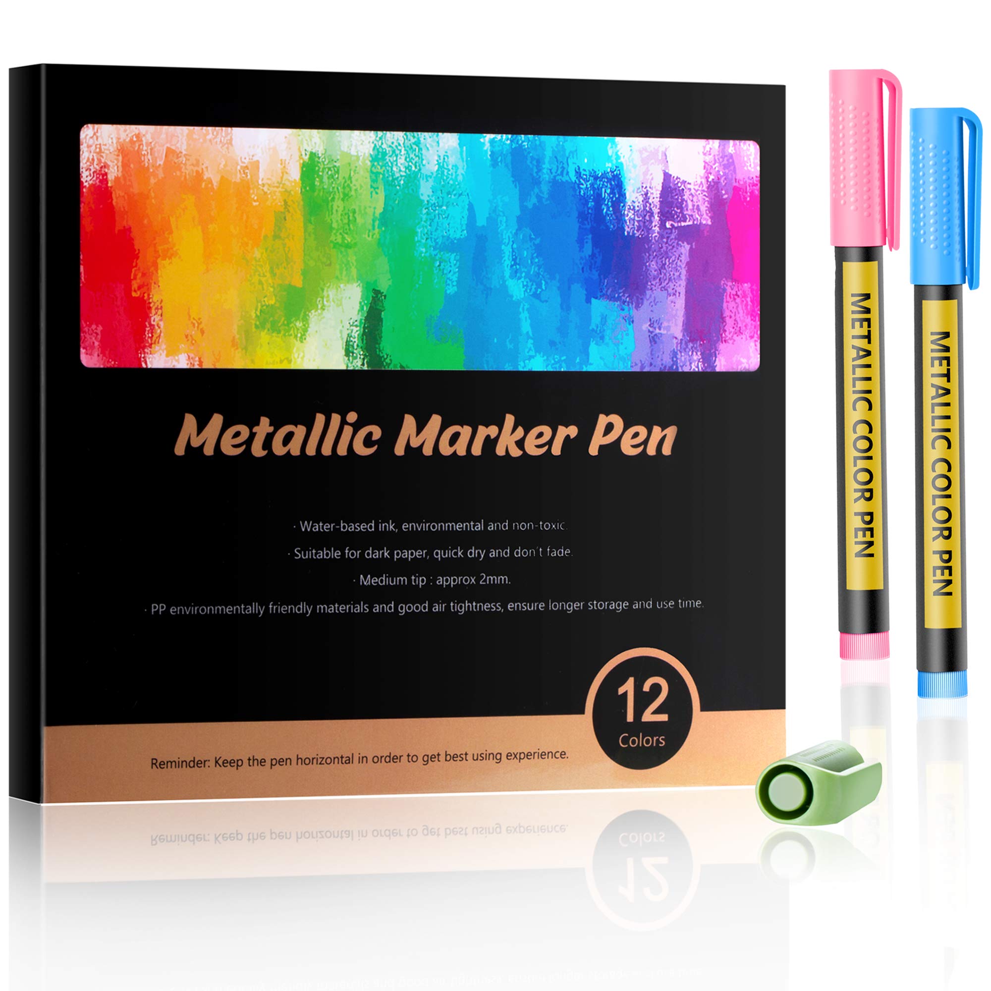 12 Pack Metallic Marker Pens - Vibrant Paint Markers for DIY Crafts, Rock Painting, Card Making, Glass, Wood & Metal - Waterproof Art Supplies for School Projects, Ceramics & Home Decor