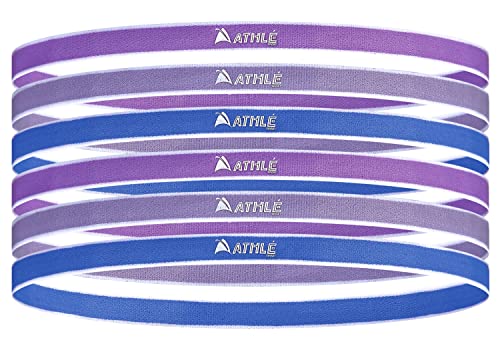 Athletic Skinny Headbands for Women & Men - 6 Pack Non-Slip Silicone Grip Head Wraps - Lightweight Comfortable Thin Hair Bands for Running, Yoga, Workouts & Sports - Purple & Blue