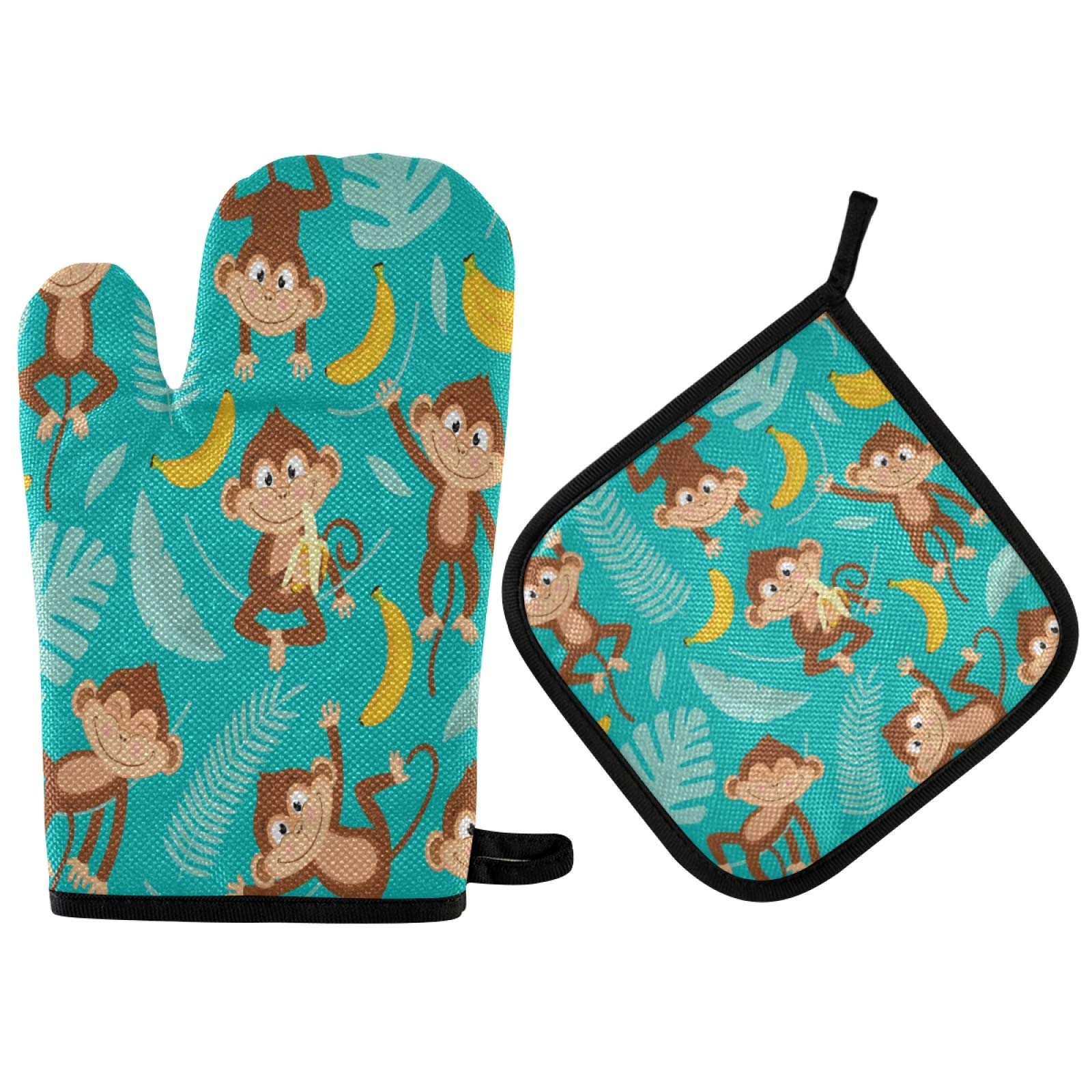 Heat Resistant Non-Slip Monkey Palm Tree Oven Mitts & Pot Holders Set of 2 - Kitchen Gloves for Cooking, Baking, BBQ & Grilling - Perfect for Holiday Baking, Outdoor Picnics & Home Kitchen Use
