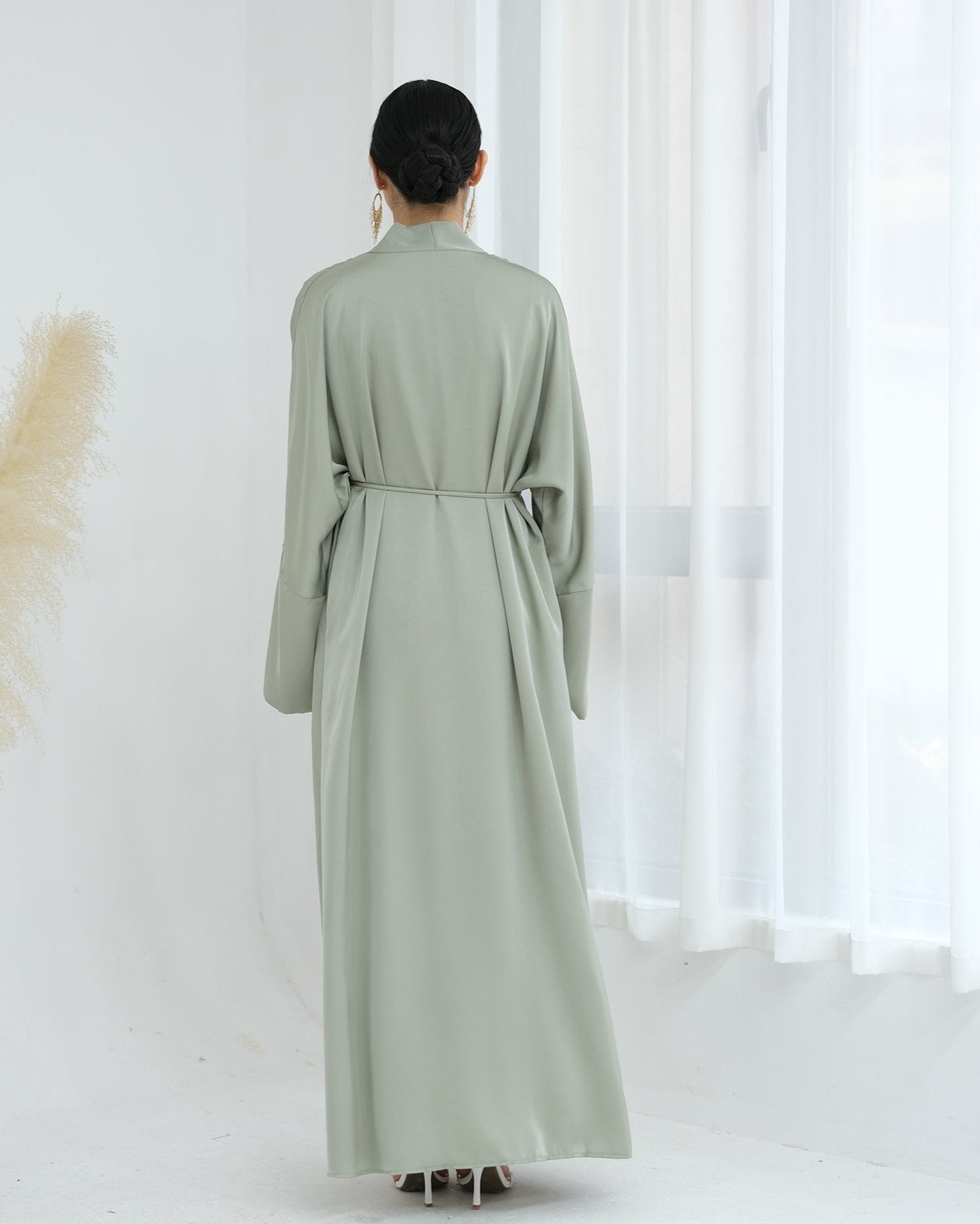 Lavinia Satin Open Abaya for Women - Elegant Long Flowy Prayer Dress - Sage Green Islamic Modest Wear for Mosque, Eid & Special Occasions