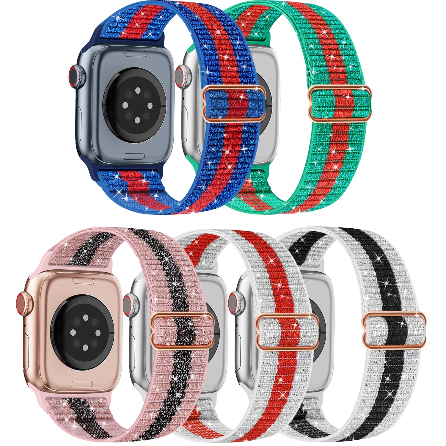 ShuYo 5-Pack Nylon Elastic Apple Watch Bands - Compatible with 38mm 40mm 41mm 42mm 44mm 45mm 49mm - Adjustable Buckle Strap for Series 8/7/6/5/4/3/2/1/SE - Sporty & Comfortable for Women & Men - Perfect for Workouts, Running & Everyday Wear