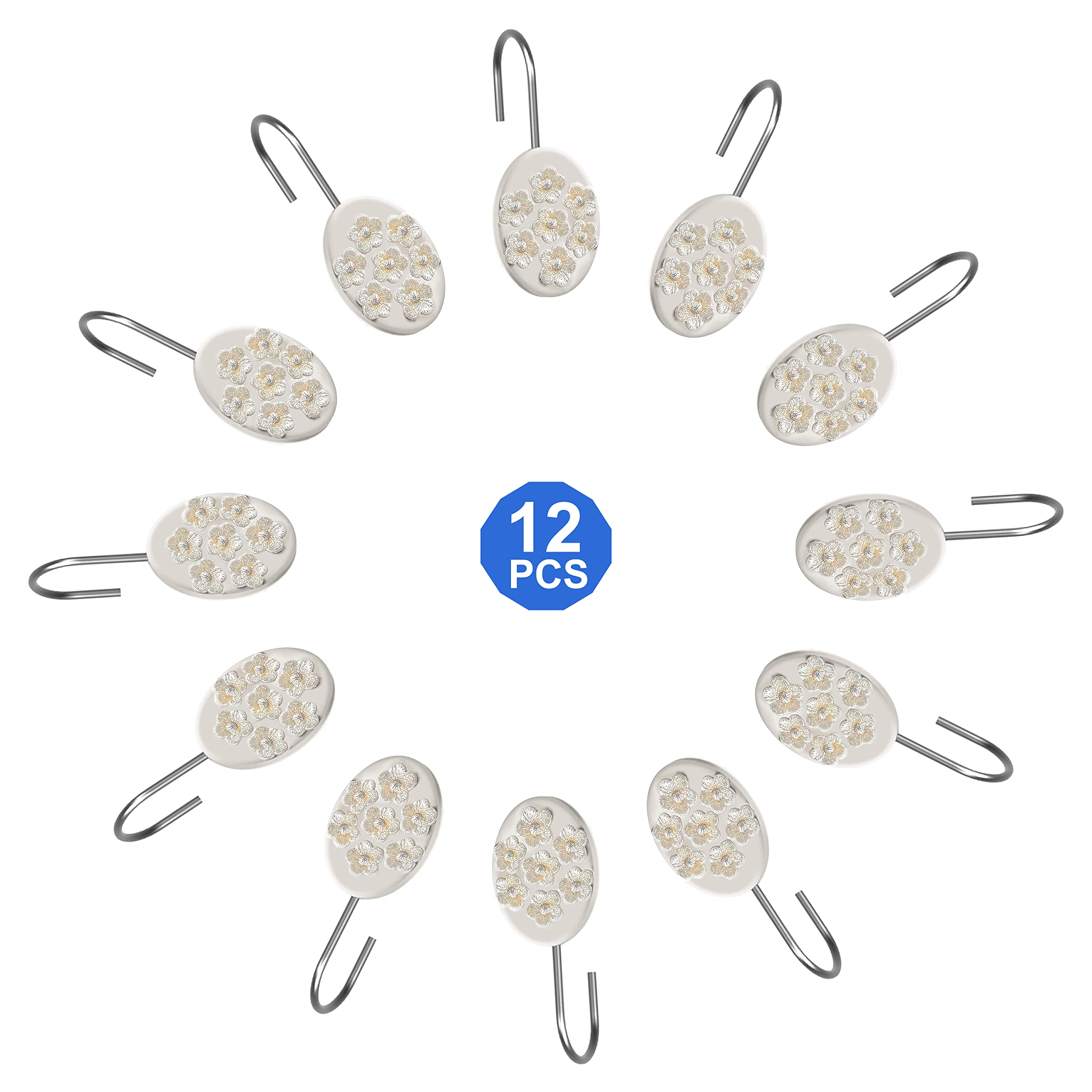 Bloomfield Beige Bath Shower Hooks - Heavy Duty Rustproof Shower Curtain Hooks for Bathroom, Spa & Home Decor - Set of 12 Hooks with Strong Grip