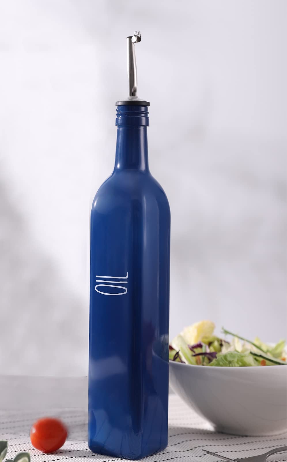 17oz Glass Olive Oil Dispenser Bottle with Pour Spout - Navy Blue Farmhouse Kitchen Decor Set for Cooking, Salad Dressing & Baking (1 Bottle)