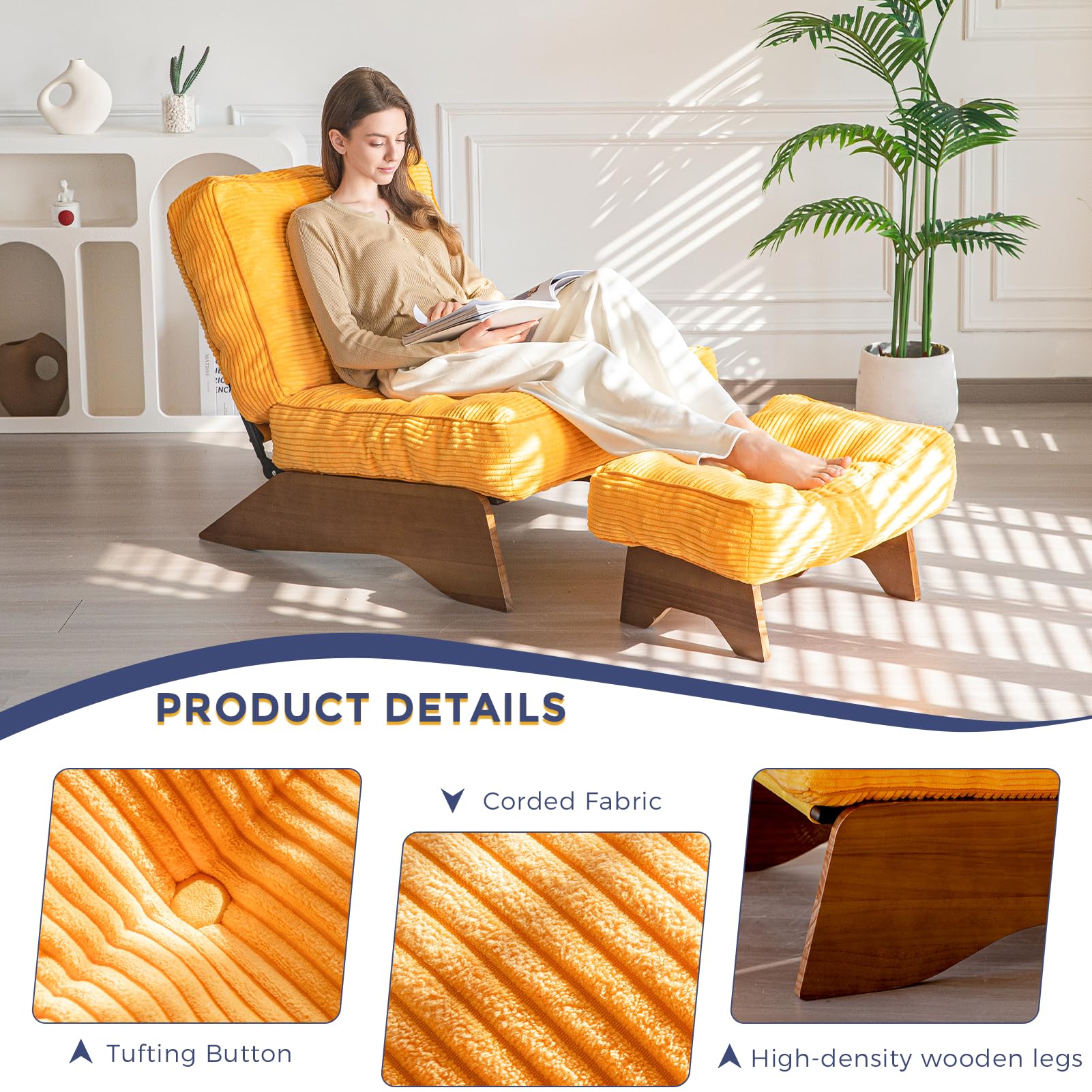 MAXYOYO Adjustable Accent Chair with Ottoman Set - Tufted Lounge Chair for Living Room, Bedroom & Office - Comfortable Modern Recliner in Orange - Perfect for Relaxing, Reading & Entertaining Guests