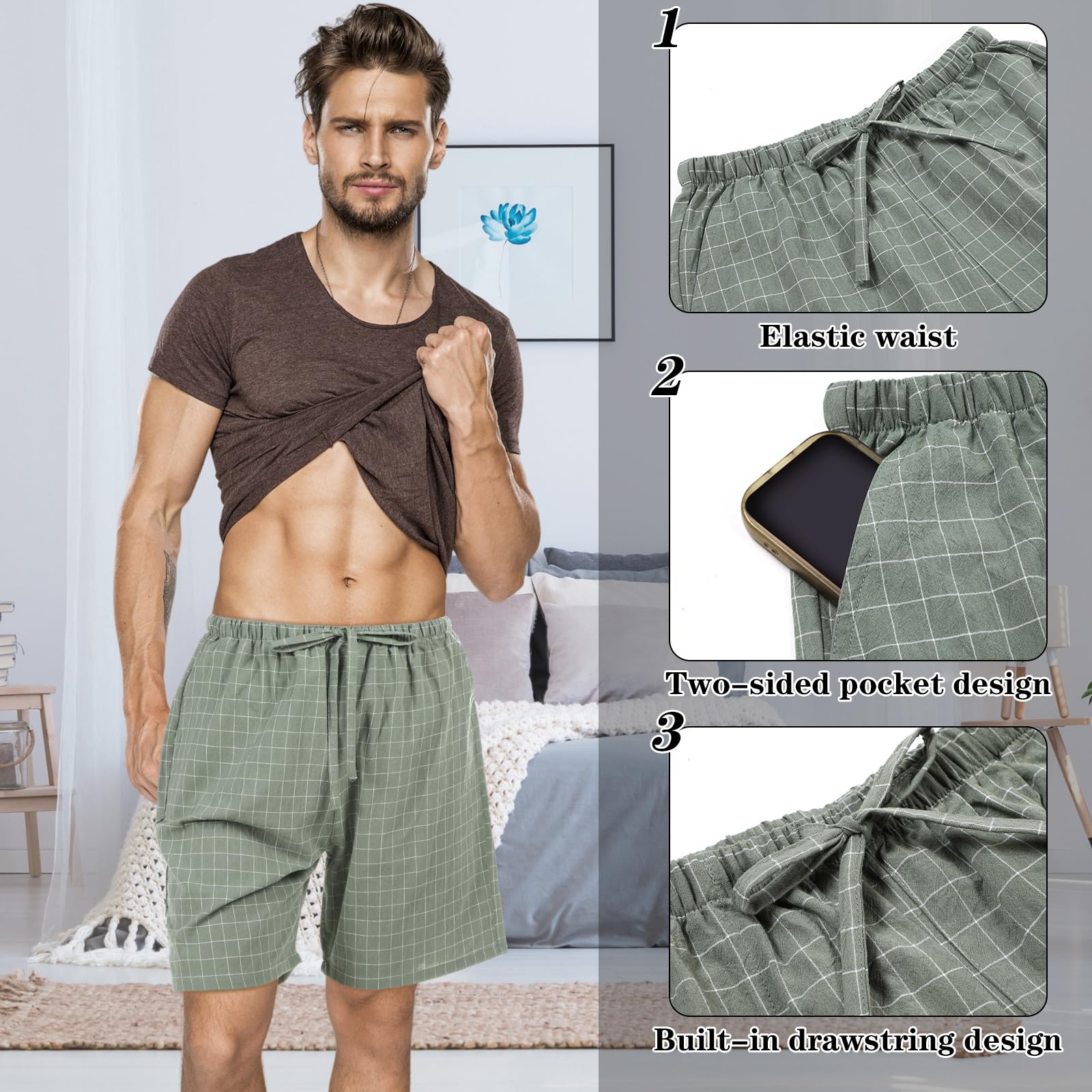 3 Pack Men's Cotton Pajama Shorts - Soft Woven Sleepwear with Drawstring & Pockets - Perfect for Lounging, Sleeping & Summer Comfort
