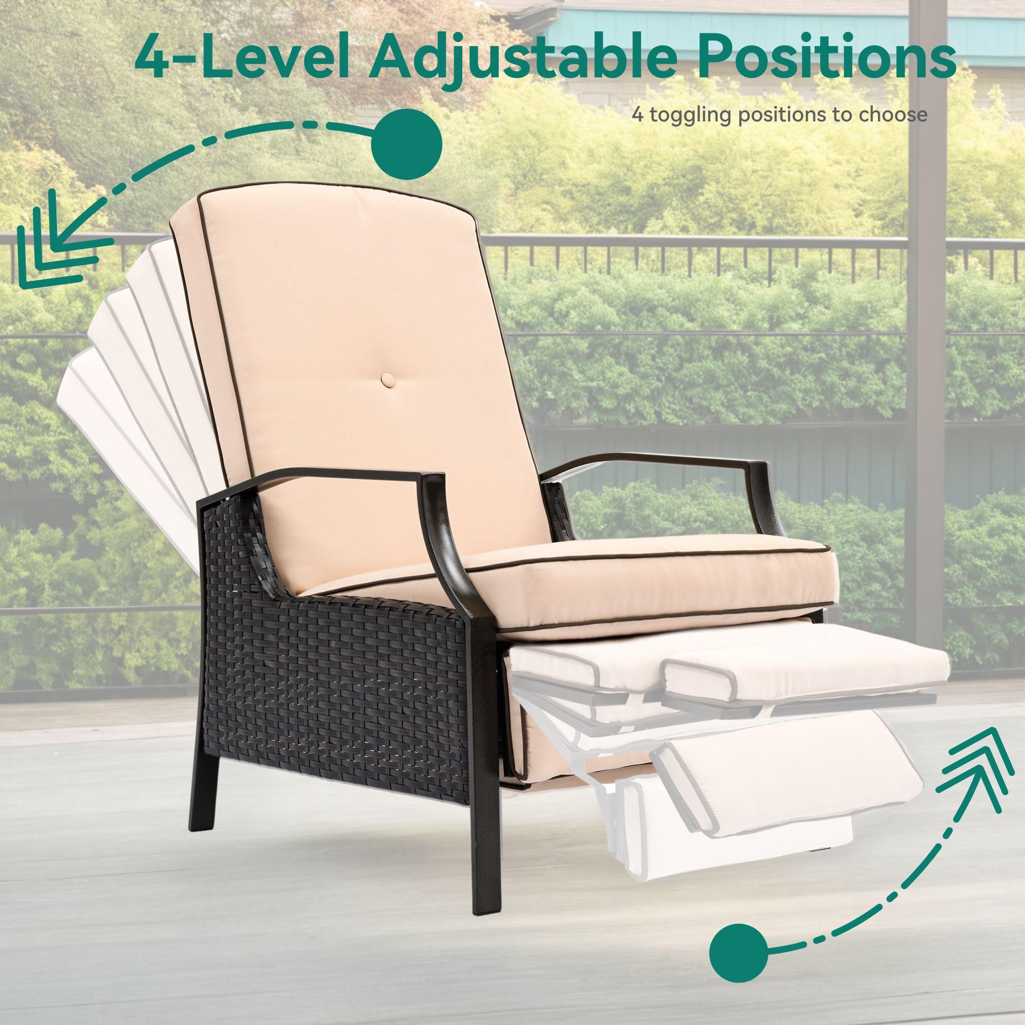 YITAHOME 2-Piece Outdoor Recliner Chair Set - Adjustable Wicker Patio Lounge Chairs with Thick Cushions & Footrest - Brown & Beige Rattan Furniture for Backyard, Poolside, and Garden Relaxation