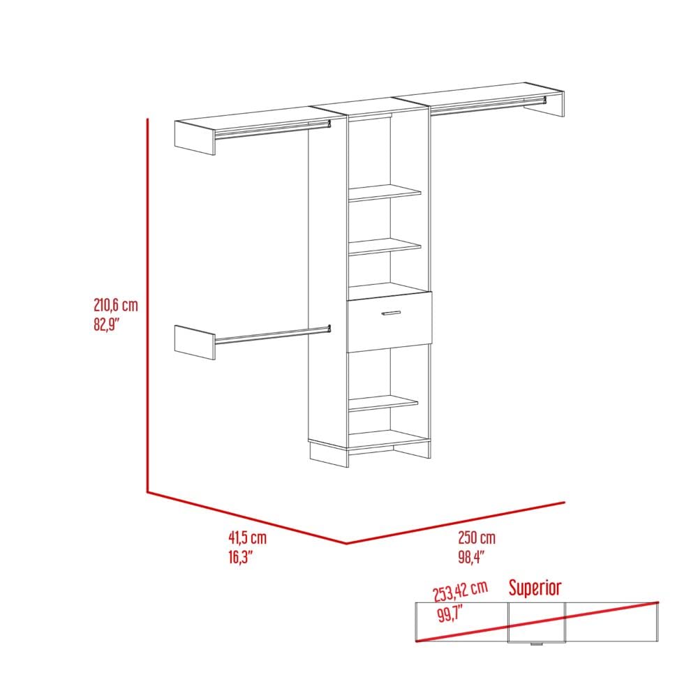Brisk 250 Closet Organizer System - 5 Open Shelves, 1 Drawer & 3 Metal Rods - White - Perfect for Bedroom, Closet & Home Storage Organization