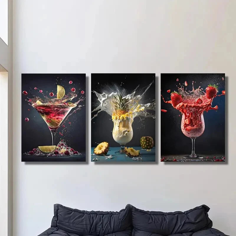 3-Piece Abstract Lemon Pineapple Strawberry Splash Metal Wall Art - Ready to Hang Modern Kitchen Decor for Home, Office & Cafe