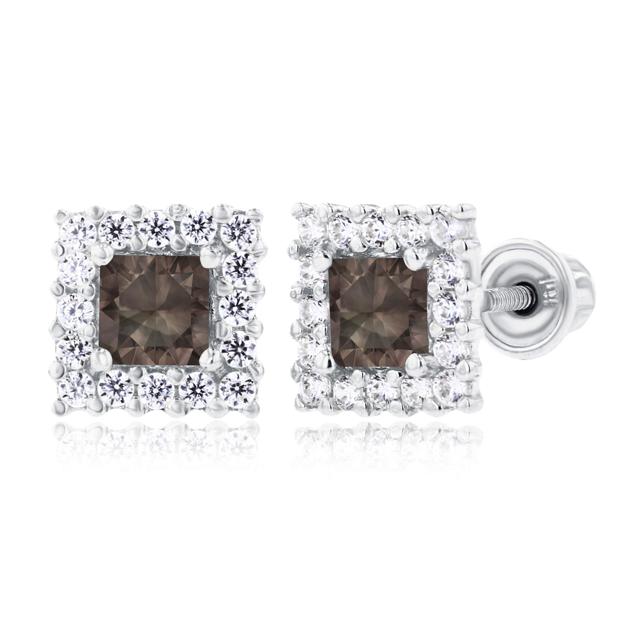 14K Solid Gold 6mm Square Natural Birthstone Halo Screwback Stud Earrings for Women | 3mm Square Cut Gemstone | 1mm Created White Sapphire Accent | Elegant Everyday Jewelry for Birthdays, Anniversaries & Special Occasions