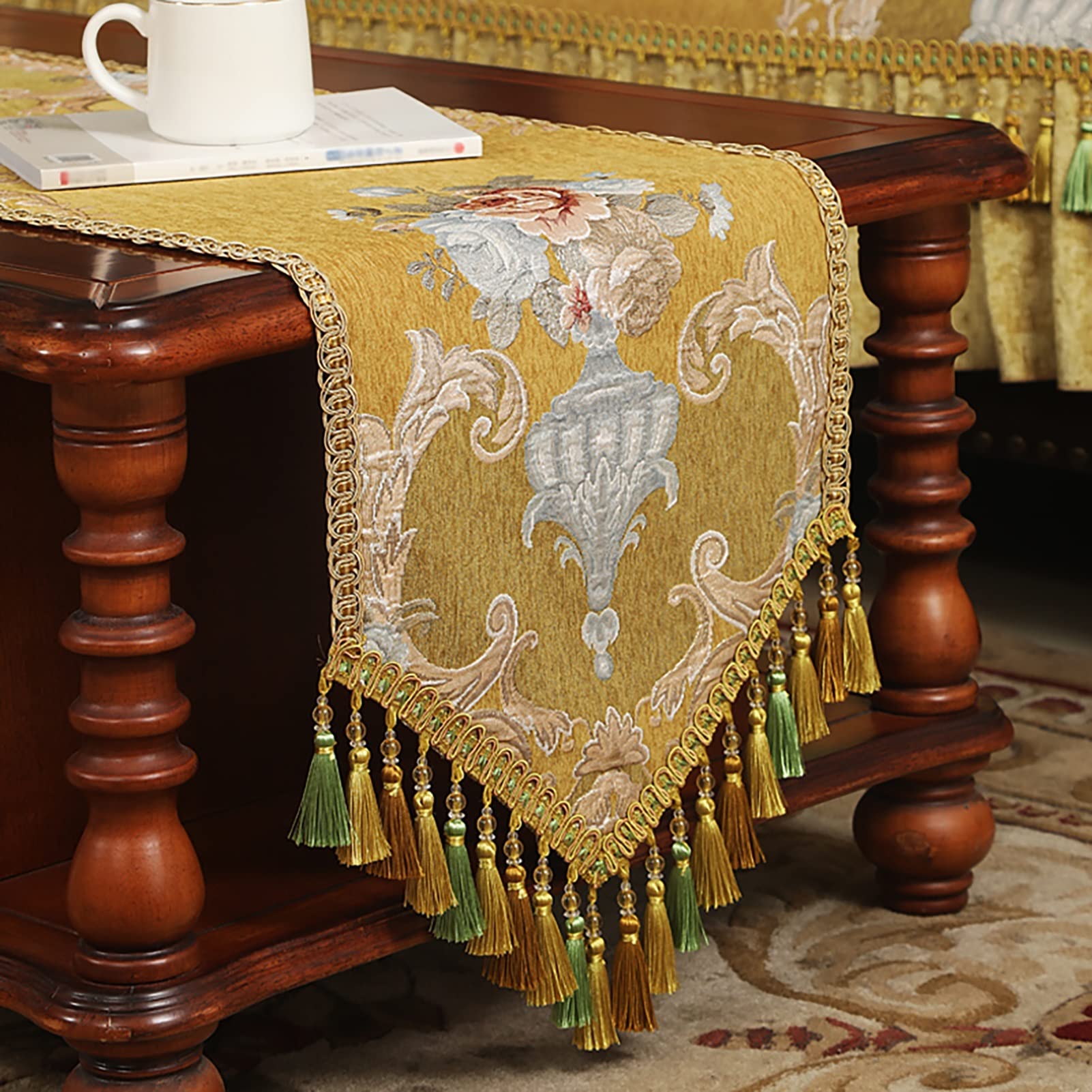 Elegant European Style Handmade Table Runner - 80/100 Inch Long Washable Tablecloth with Tassels for Wedding, Party & Dining Decor (Yellow, 35x280cm/14x110in) - Perfect for Formal Events, Holiday Gatherings & Restaurant Table Settings
