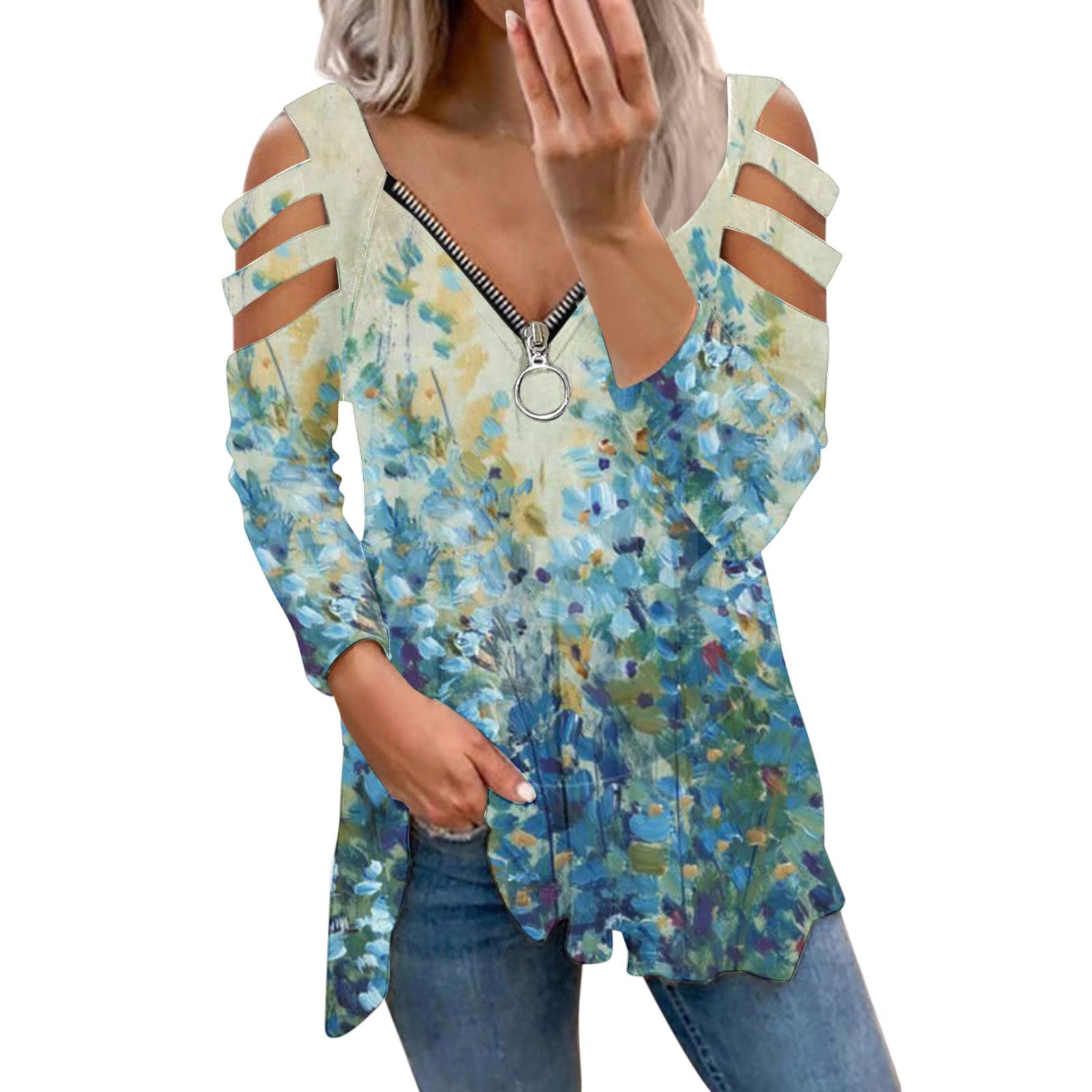Women's Cold Shoulder Tops - Long Sleeve V-Neck Flowy Tee for Casual & Dressy Occasions