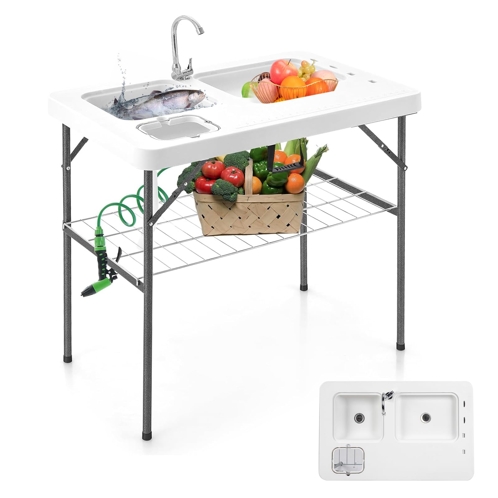 VINGLI Folding Fish Cleaning Table with 2 Stainless Steel Sinks - Portable Outdoor Camping Table with Grid Rack, Sprayer & Drainage Hose - Perfect for Backyard BBQ, Fishing Trips & Camping Kitchen Prep