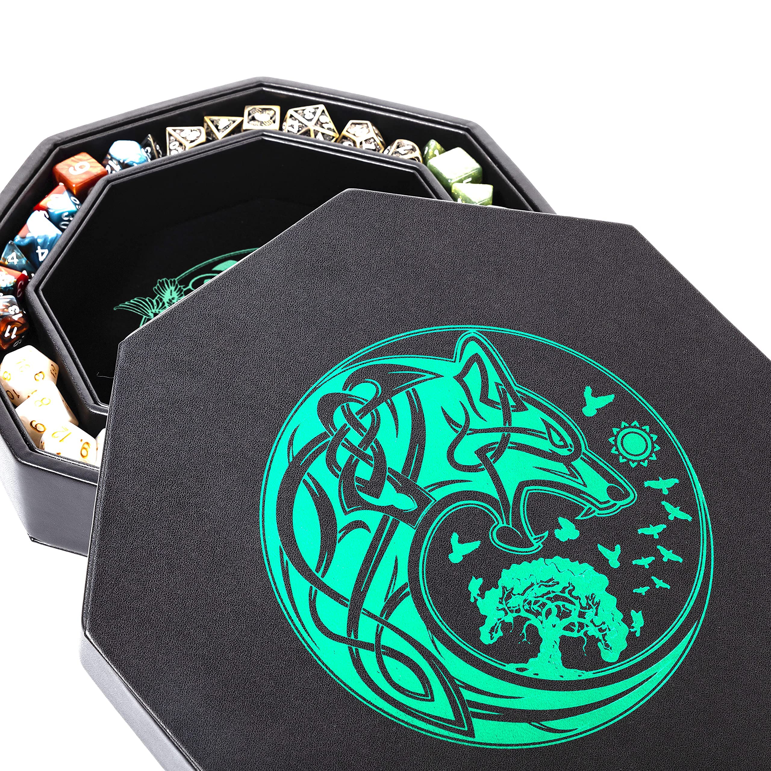 Premium 8 Inch DND Dice Tray for Dungeons & Dragons - Exquisite Green World Tree & Wolf Raven Design Dice Rolling Tray with Storage Box - Perfect for D&D, RPG Games, Tabletop Gaming & Dice Protection