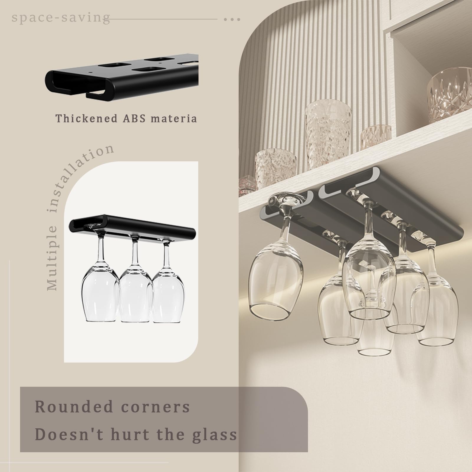 2-Pack Black Under Cabinet Stemware Rack - No Drill Wine Glass Holder for Kitchen & Bar Organization - Perfect for Hanging Wine Glasses, Champagne Flutes, and Cocktail Cups in Small Spaces