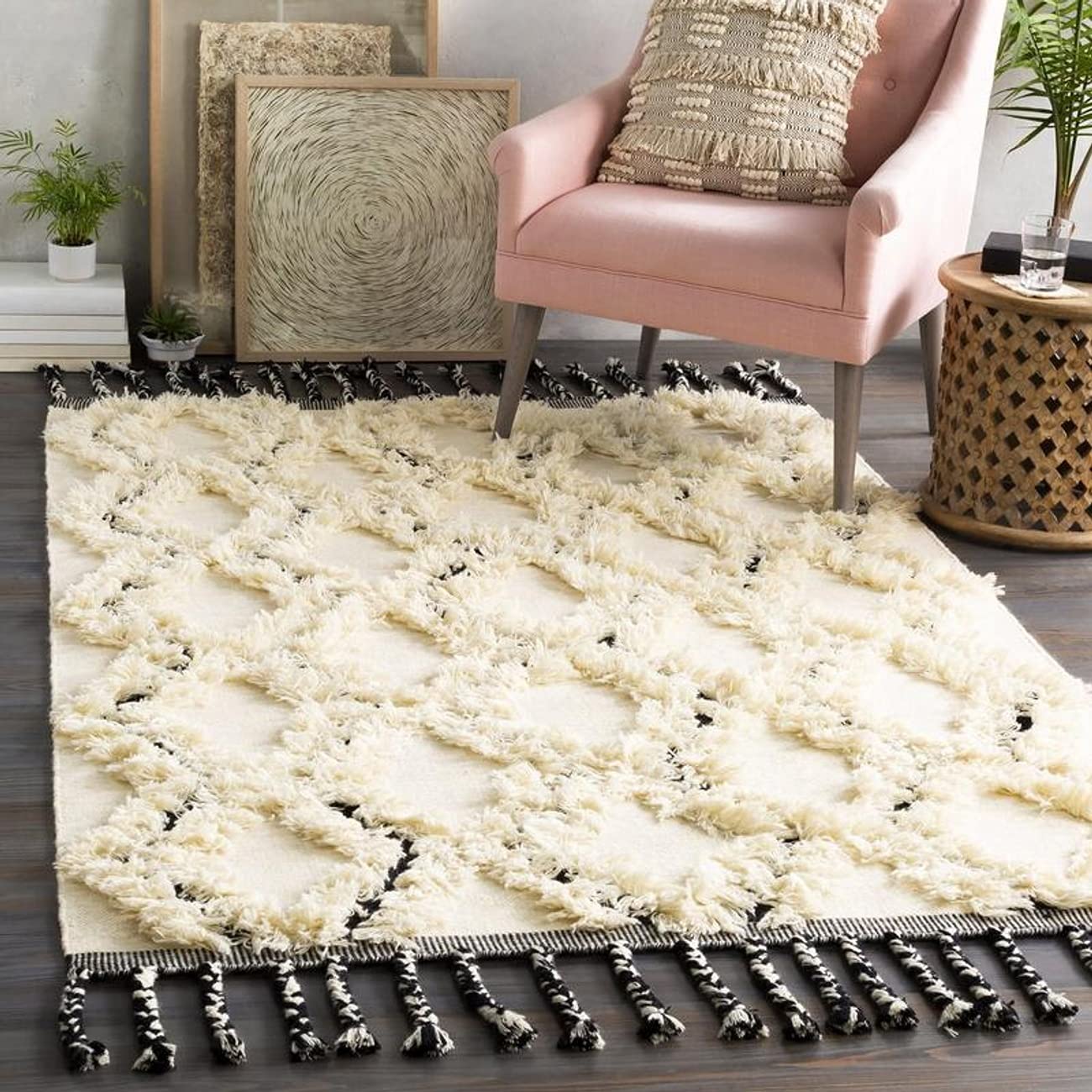 Premium 8x10 Wool Shag Area Rug - Soft Cream White Blue Black Carpet for Living Room, Bedroom, Kitchen | Luxurious & Durable Floor Decor for Home, Office, or Dorm