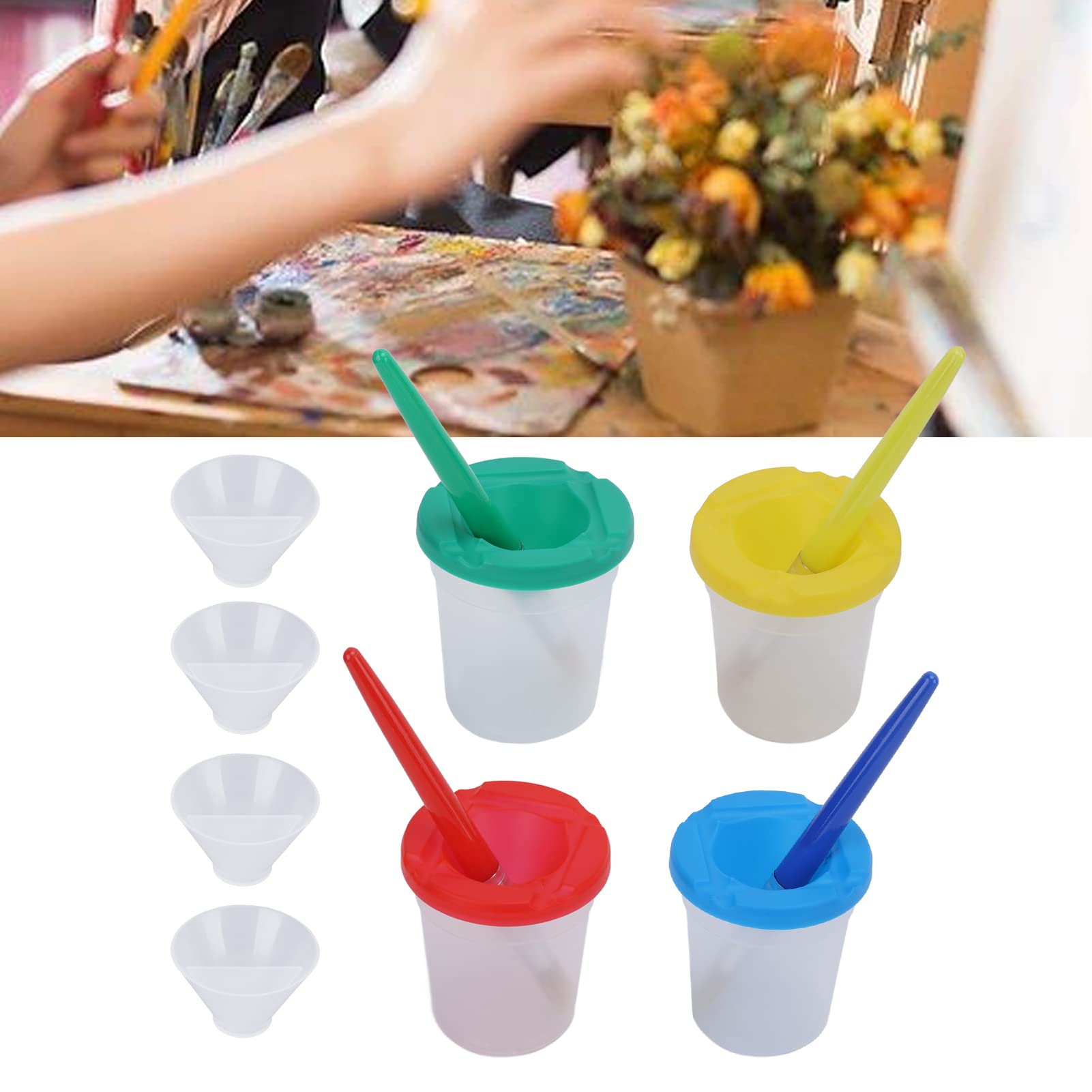 4Pcs Spill-Proof Paint Cups with Lids & 4 Brushes - Kids Art Painting Supplies for Classroom, DIY Crafts & Home Activities - Non-Spill Design for Mess-Free Creativity