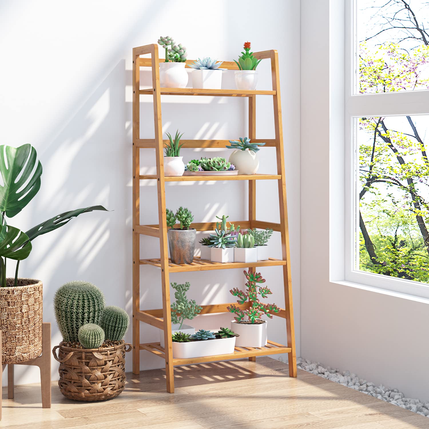 4-Tier Bamboo Bookcase - Multifunctional Bathroom Ladder Shelf for Plants, Flowers & Storage | Natural Wood Display Organizer for Home, Office & Garden Decor