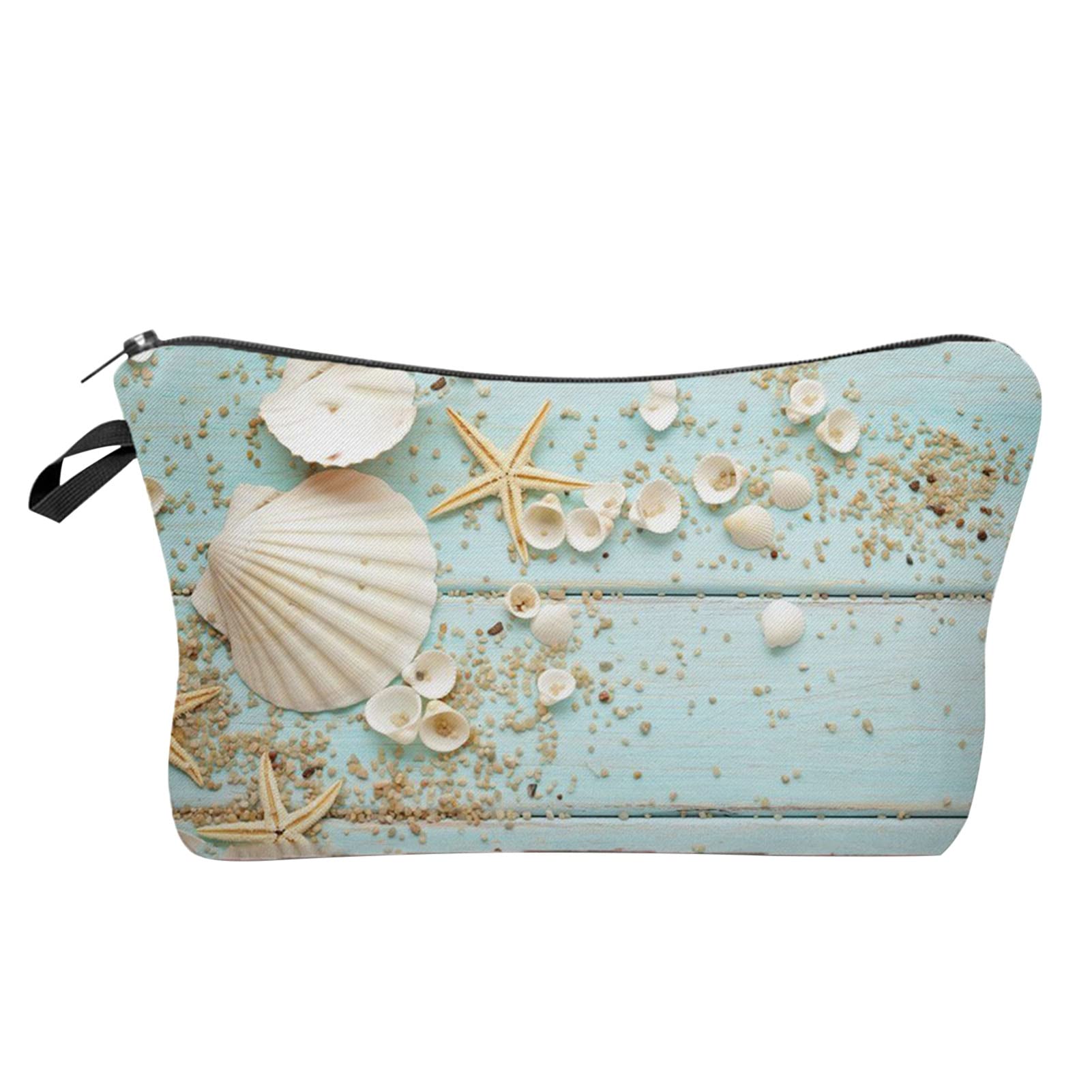 Hwangli Large Cosmetic Bag with Zipper Closure & Hanging Hole - Waterproof Polyester Toiletry Bag, Seashell Starfish Print, Perfect for Travel, Vacation, Makeup Storage & Pencil Case Organizer