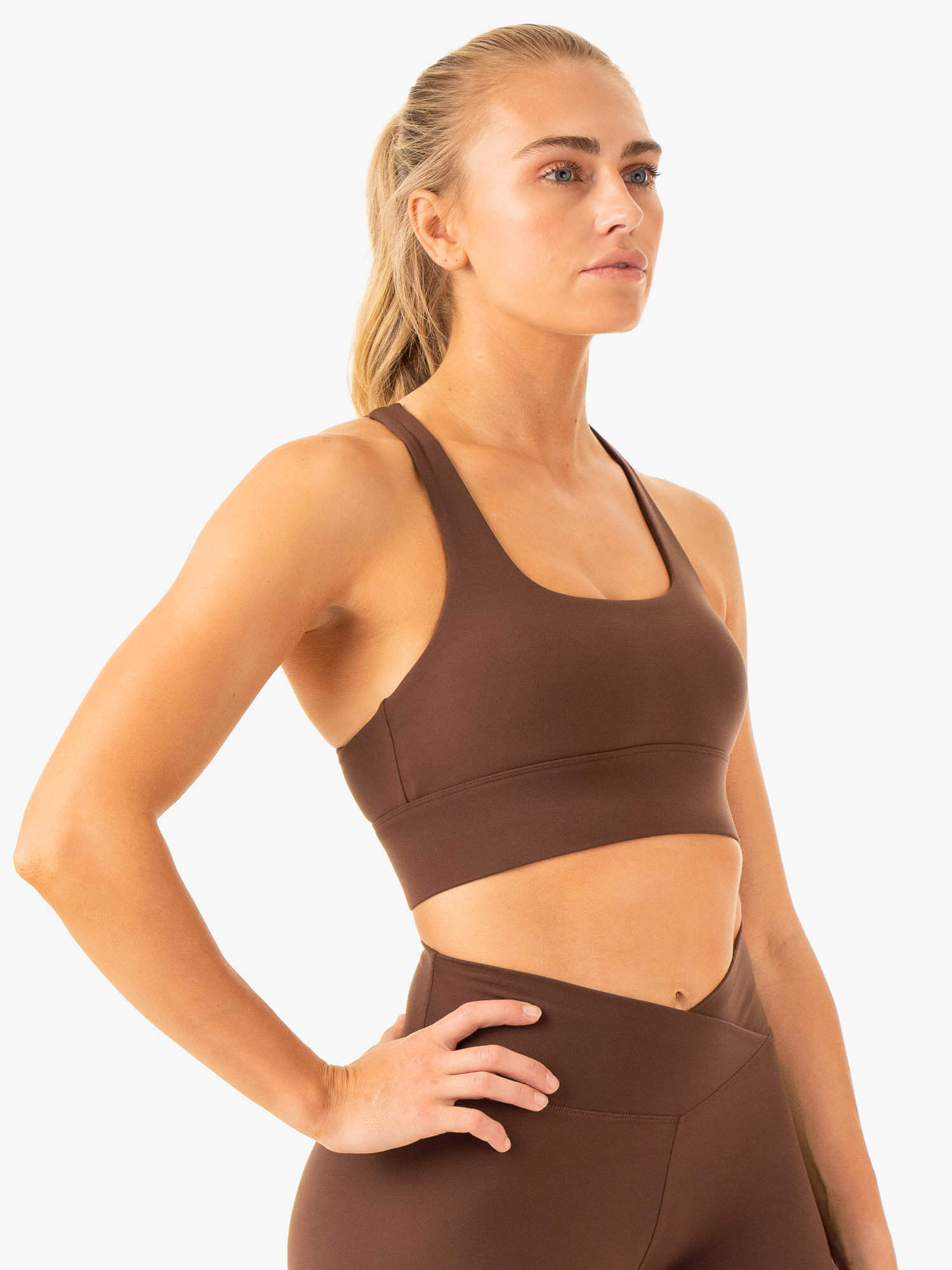 Flow Square Neck Sports Bra for Women - High Support Workout Top - Chocolate Brown - Perfect for Yoga, Running & Gym