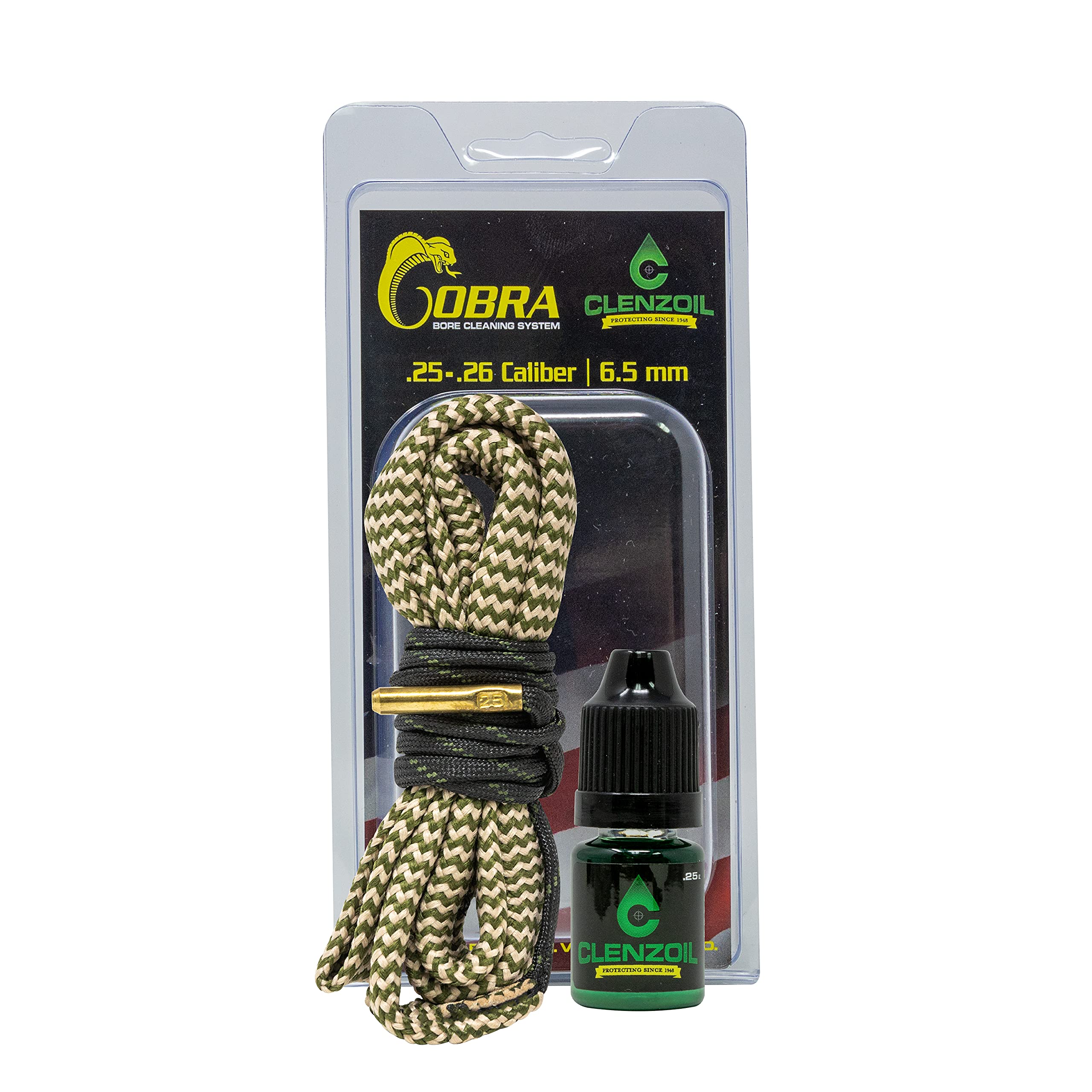 Clenzoil Cobra Bore Cleaning System - Efficient & Easy Gun Cleaning Kit with CLP Bore Cleaner, Integrated Brass Brush & Woven Cotton Rope - for .25-.26 Cal & 6.5 Creedmoor Rifles - Perfect for Hunting, Range Shooting & Firearm Maintenance