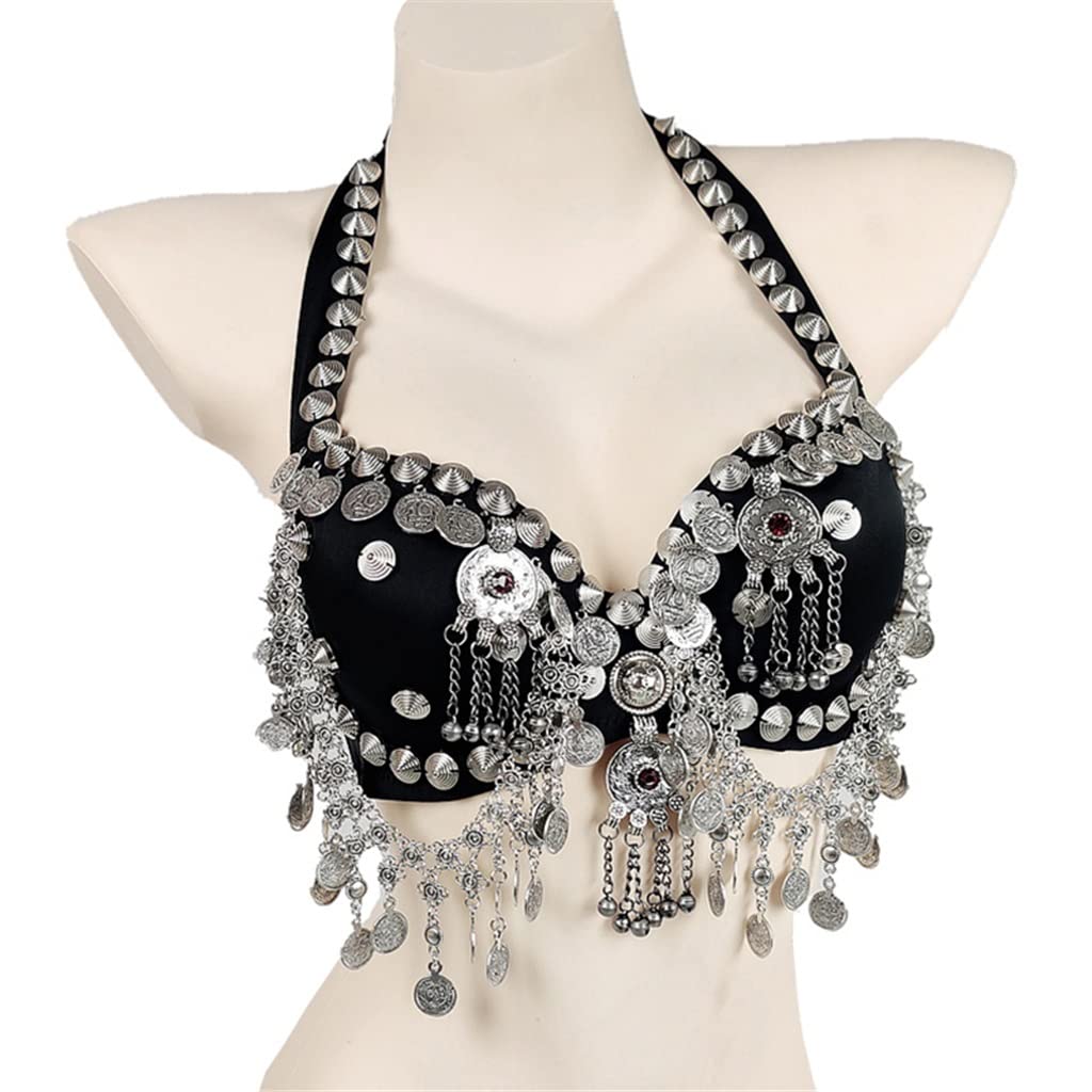 RMGTZ Women's Vintage Tribal Belly Dance Bra - Silver Chain Metallic Studs Gypsy Dance Top, Black Size L, Perfect for Belly Dance, Gypsy Performances, and Themed Costume Parties