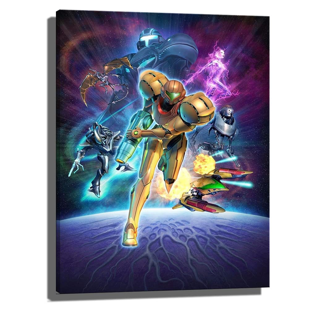 Metroid Prime Samus Aran Gaming Poster - 16x22 Inch Framed Canvas Wall Art for Gamers Room Decor - Perfect for Gaming Rooms, Bedrooms, and Office Spaces