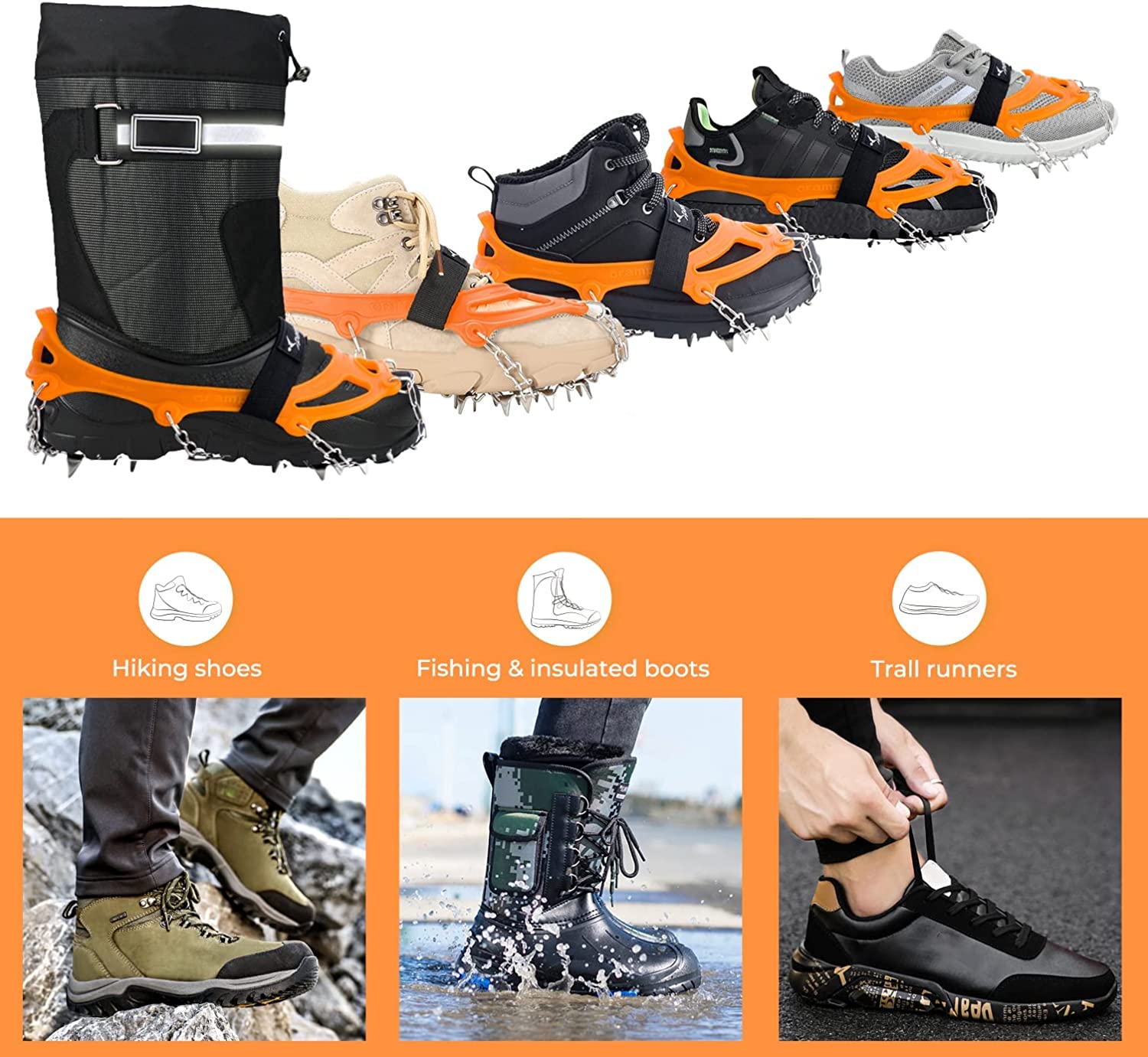 Sportneer 19-Spike Stainless Steel Ice Cleats for Boots & Shoes - Traction Grips for Snow, Ice, Hiking, Jogging, Climbing & Fishing - Ideal for Men & Women Outdoor Adventures