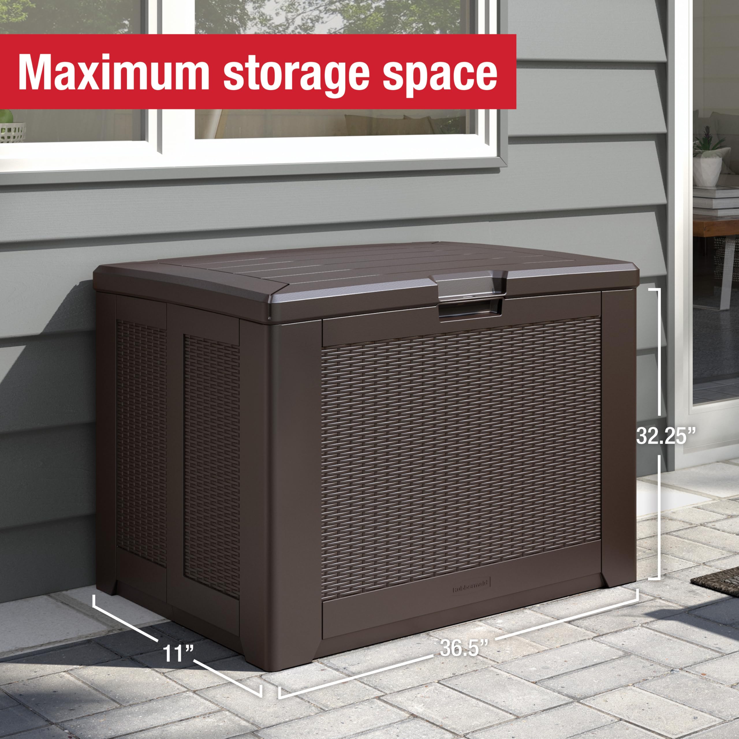 Rubbermaid 74-Gallon Medium Resin Outdoor Storage Deck Box - Weatherproof Brown Deck Organizer for Pool Toys, Garden Tools, Patio Cushions & Backyard Accessories | Perfect for Poolside, Patio & Garage Storage