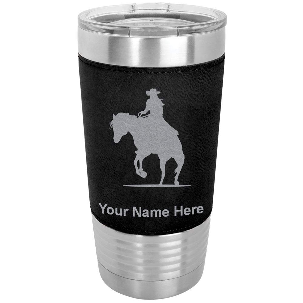 LaserGram 20oz Vacuum Insulated Stainless Steel Tumbler Mug - Personalized Cowgirl Riding Horse Design with Engraving, Faux Leather Handle, Black - Perfect for Coffee, Tea & Cold Drinks at Work, Gym or Outdoor Adventures
