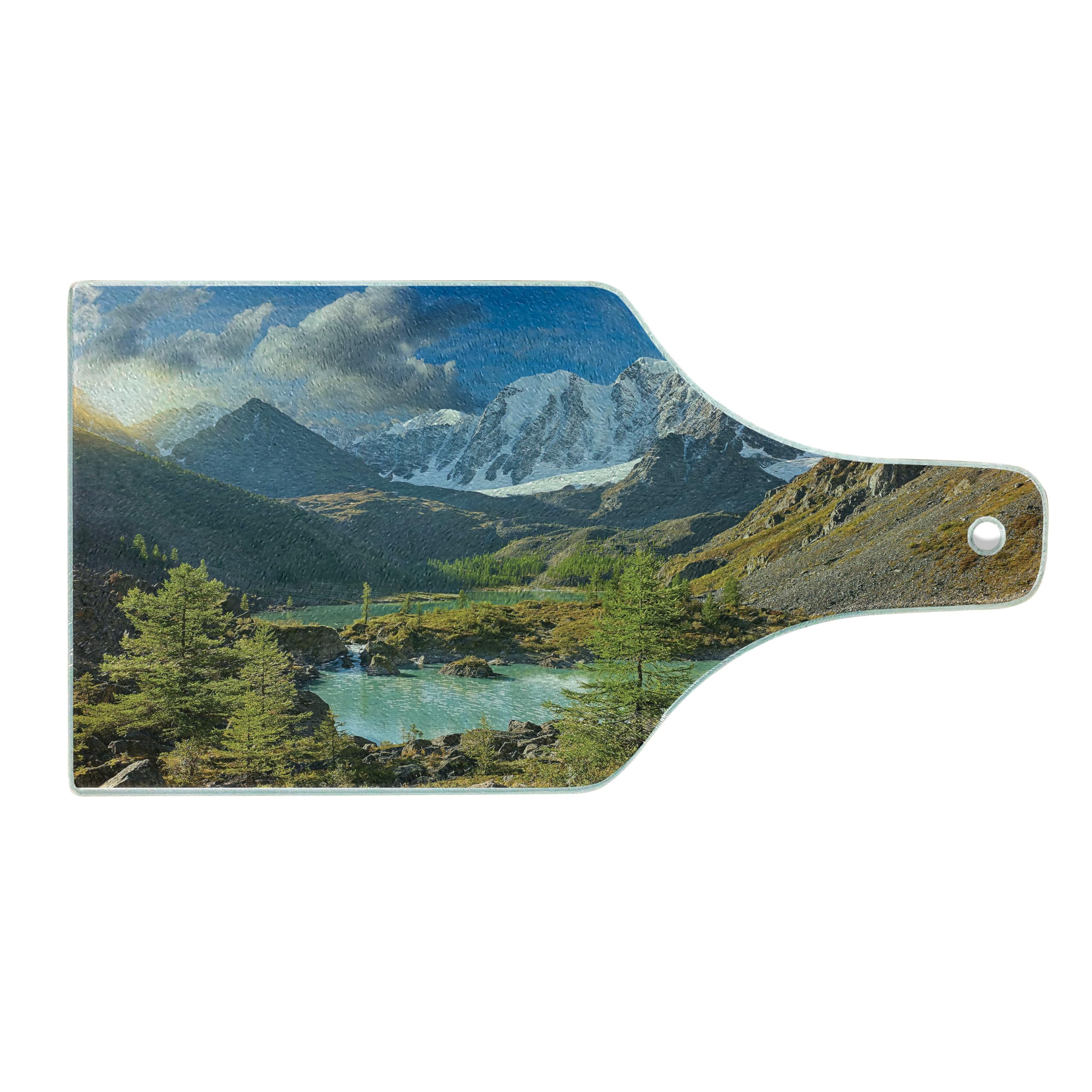 Lunarable Altai Mountains Chuya Ridge Lake Russia Siberia Sunbeams Morning Sky View Tempered Glass Cutting Board - Wine Bottle Shaped Serving Board in Brown Blue White - Perfect for Kitchen Decor, Charcuterie Display & Wine Pairing Parties