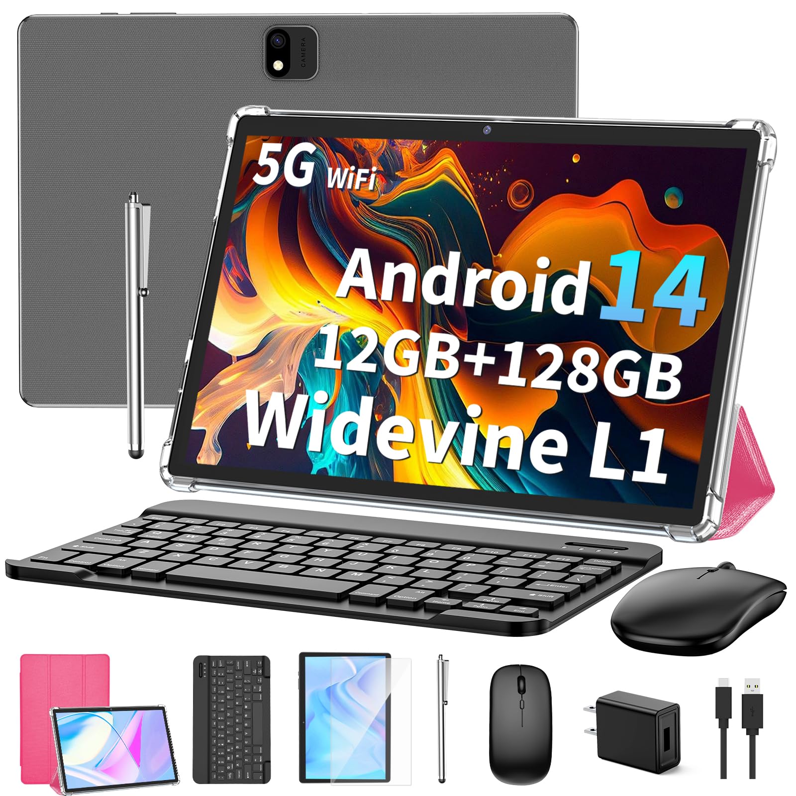 Android 14 2-in-1 Tablet with Keyboard - 10 Inch Touchscreen, 12GB RAM (4+8), 128GB Storage (Expandable to 1TB), 8000mAh Battery | Includes Protective Case, Wireless Mouse & Stylus Pen (Pink) - Perfect for Work, Study & Entertainment