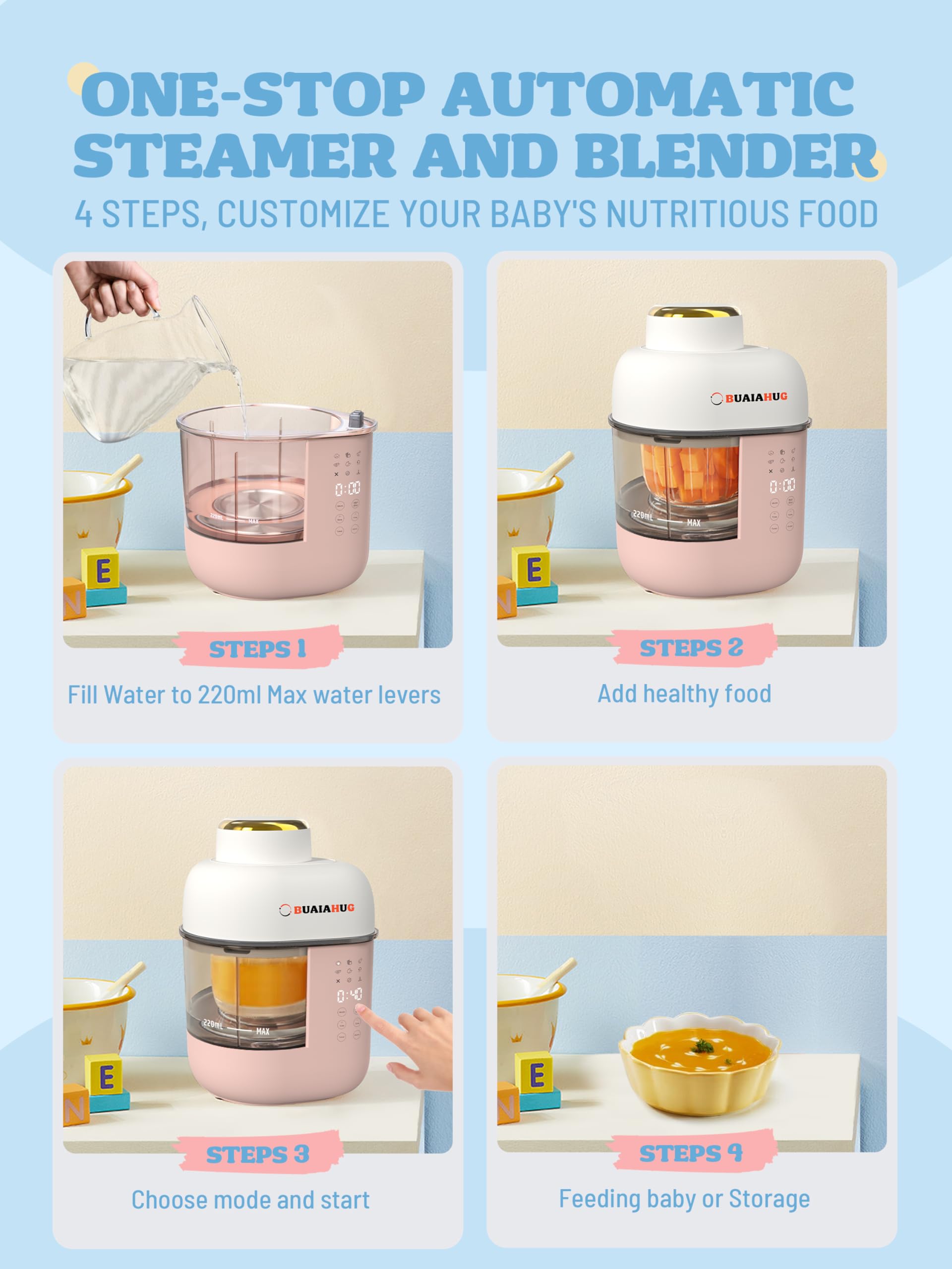 2024 New 10-in-1 Baby Food Maker & Processor with Steamer, Blender, Cooker & Masher | Puree Machine with Keep Warm & Timer | Dishwasher Safe & Touch Screen Control (Pink) | Perfect for Homemade Baby Food Preparation & Meal Prep